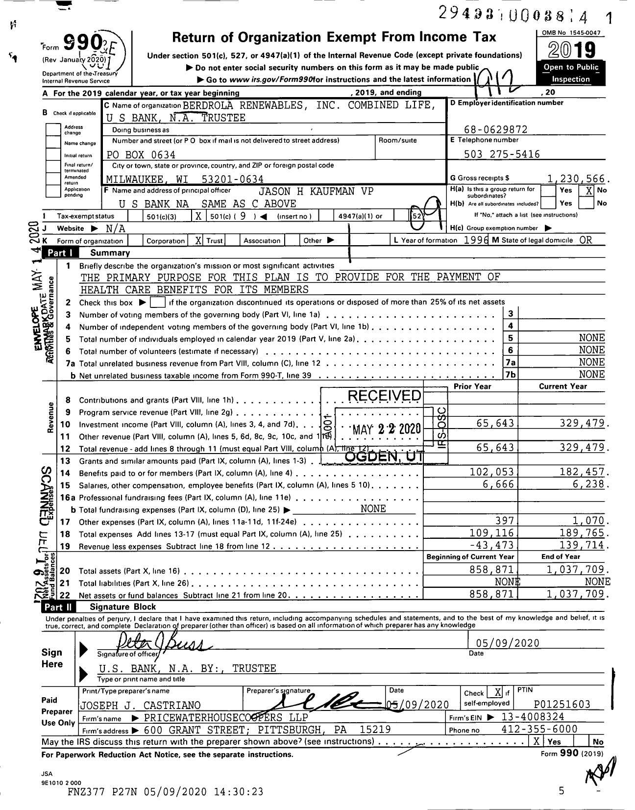 Image of first page of 2019 Form 990O for Avangrid Renewables LLC Post-Retirement Medical Plan Trust