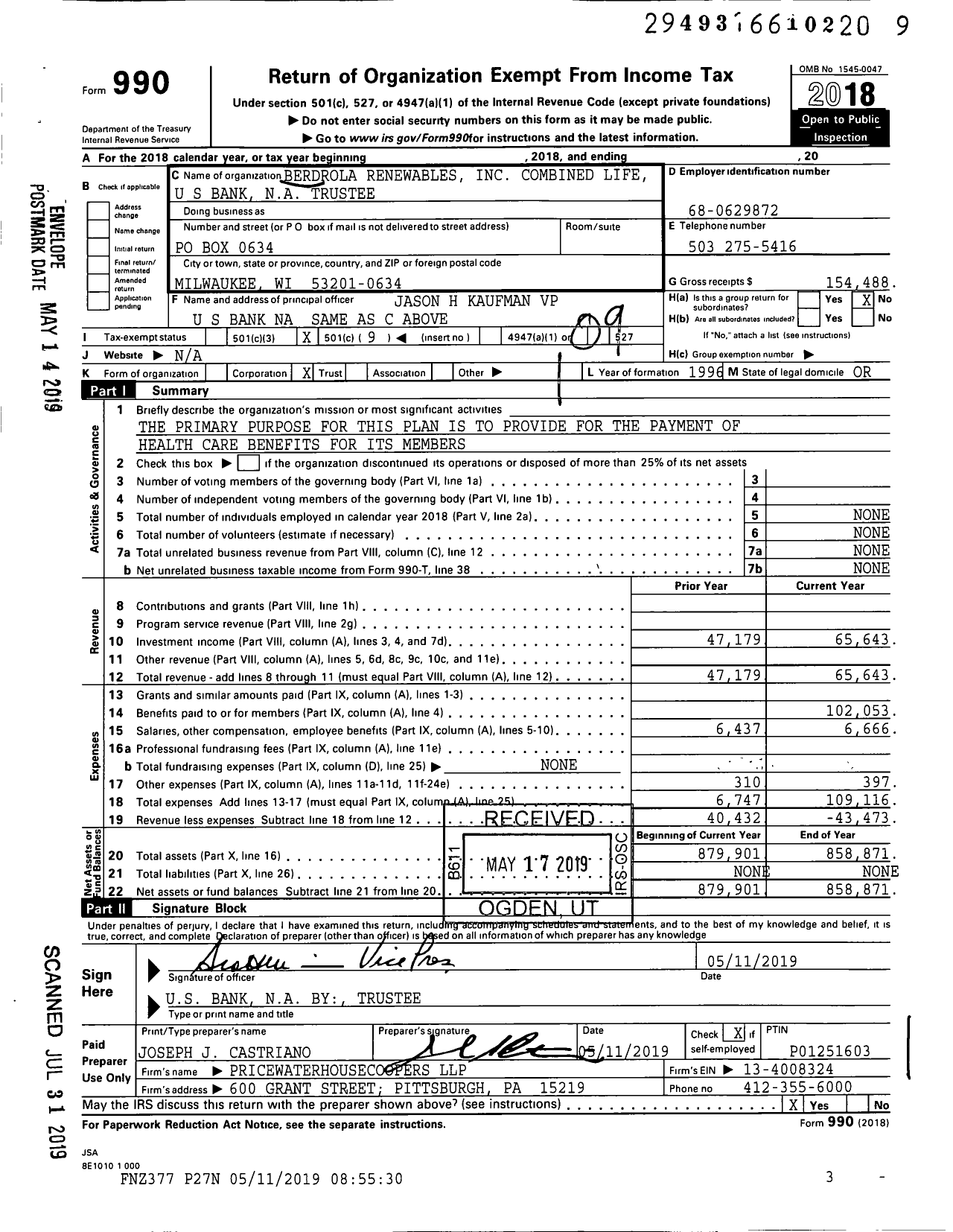 Image of first page of 2018 Form 990O for Avangrid Renewables LLC Post-Retirement Medical Plan Trust