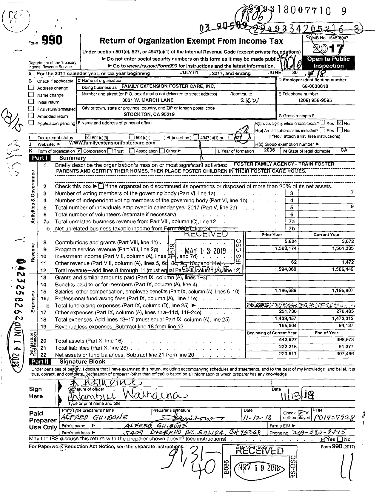 Image of first page of 2017 Form 990 for Family Extension Foster Care