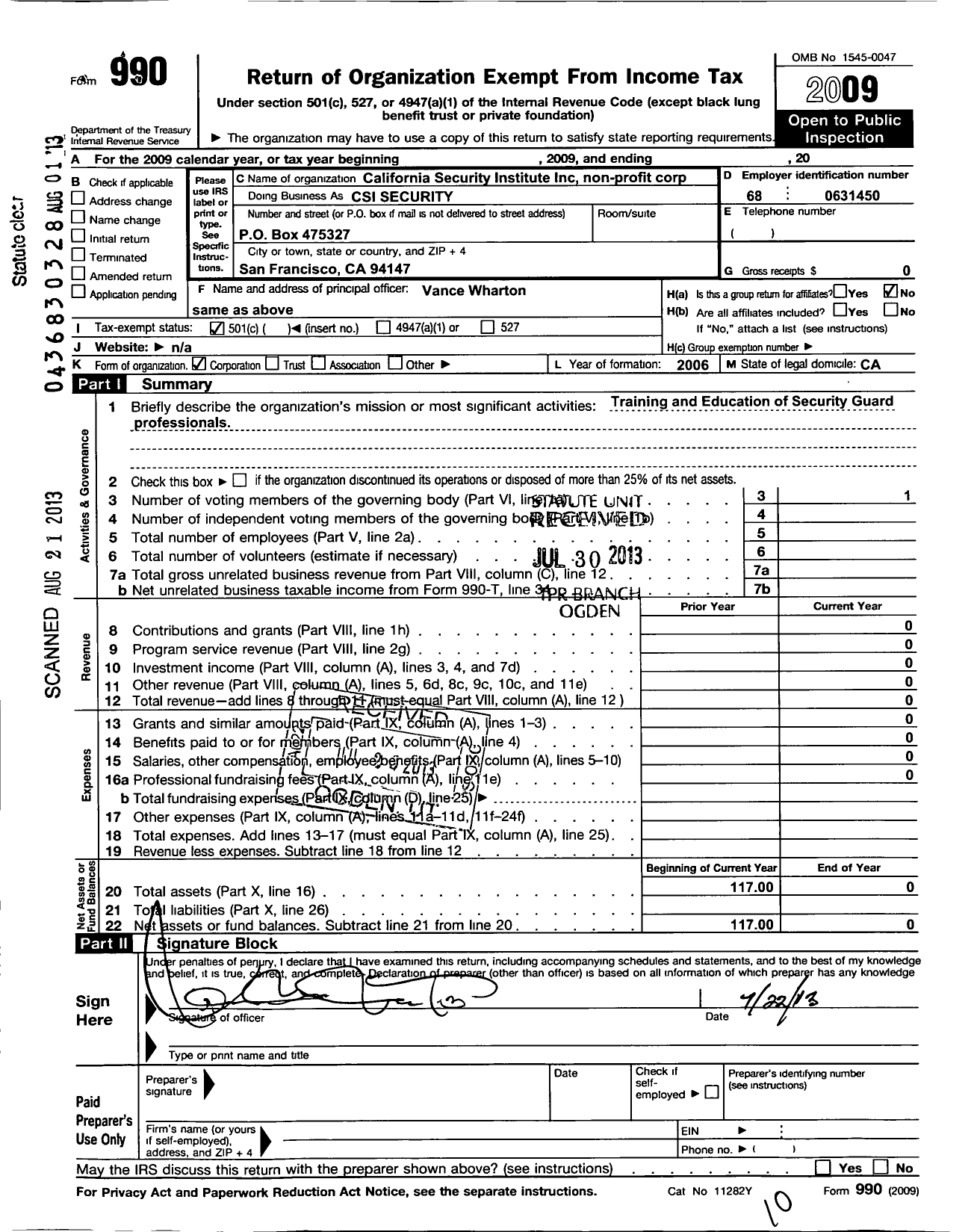 Image of first page of 2009 Form 990O for California Security Institute Non-Profit Corporation