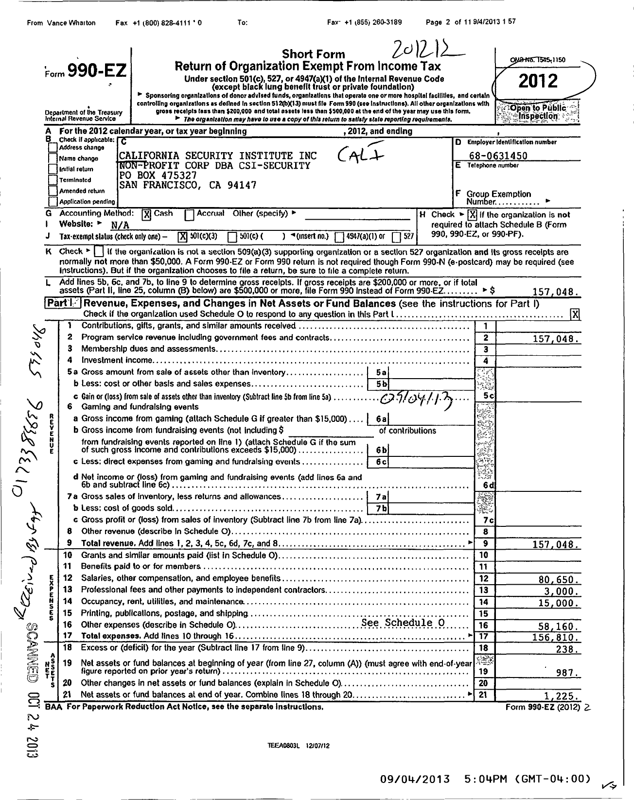 Image of first page of 2012 Form 990EZ for California Security Institute Non-Profit Corporation