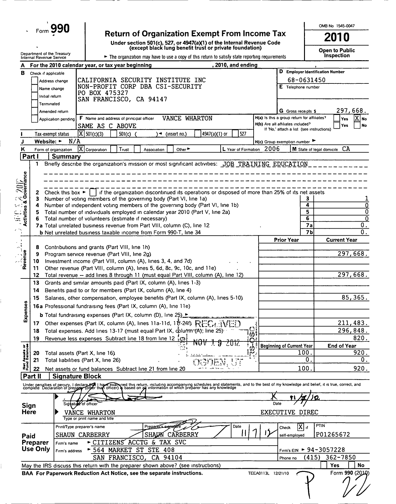 Image of first page of 2010 Form 990 for California Security Institute Non-Profit Corporation