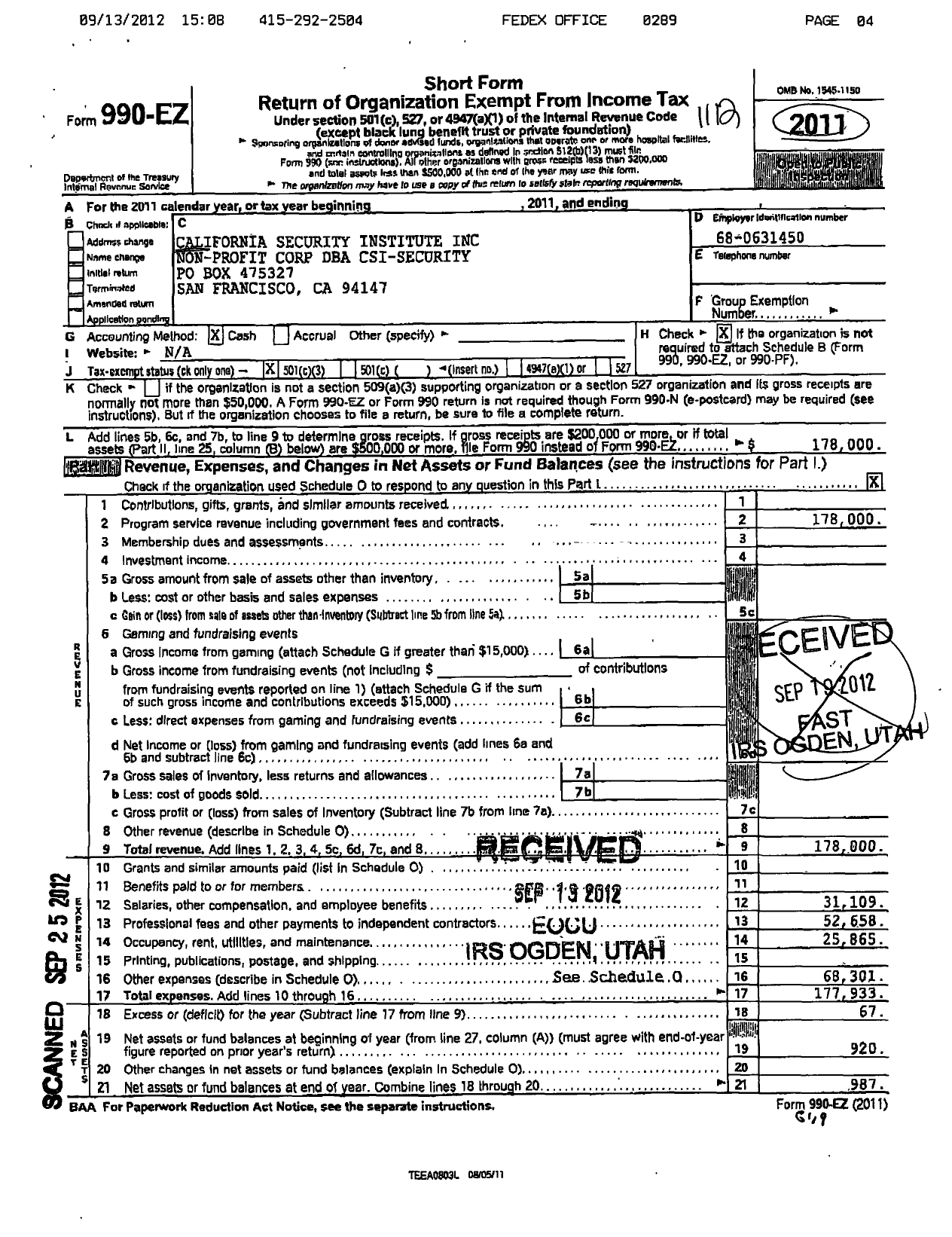 Image of first page of 2011 Form 990EZ for California Security Institute Non-Profit Corporation