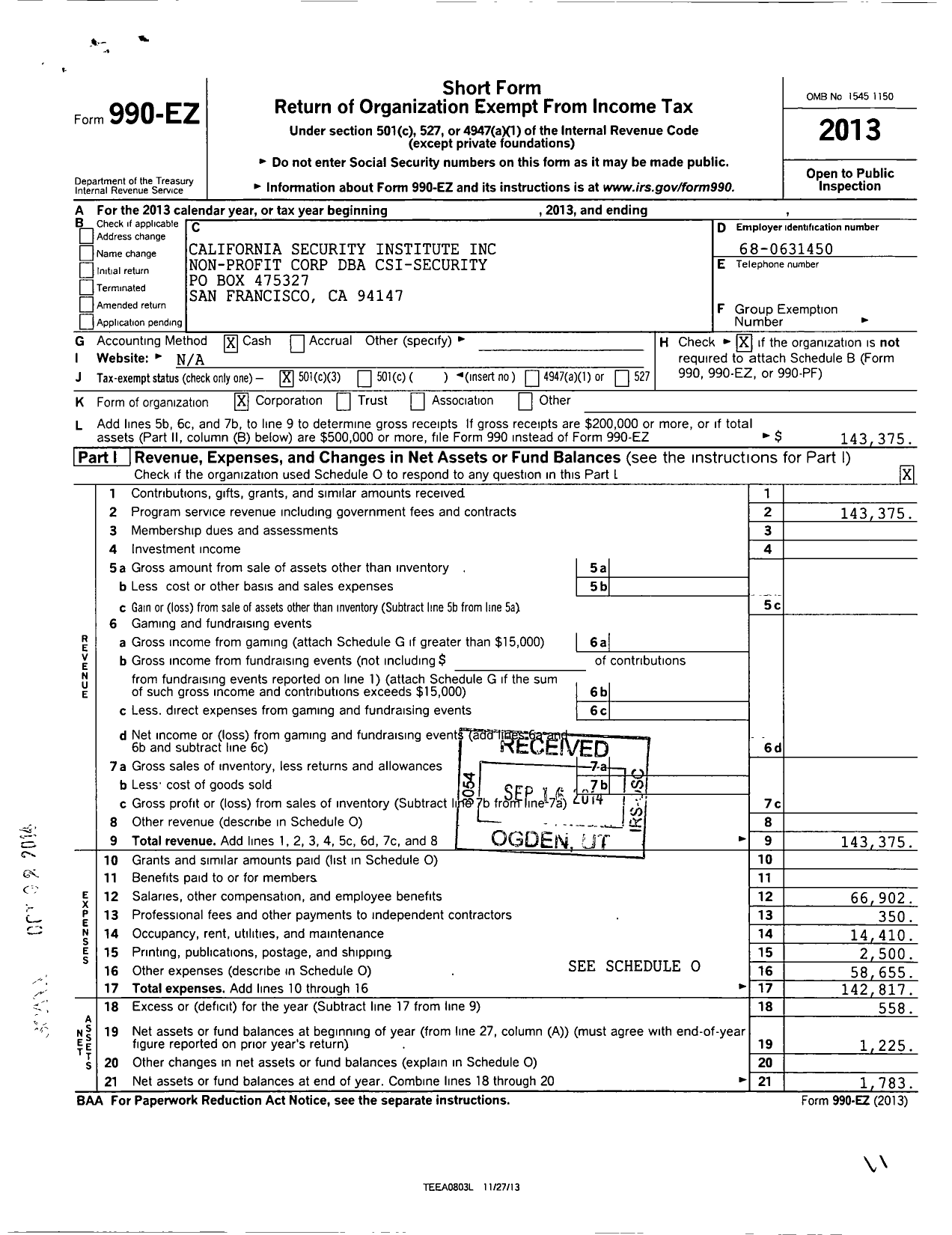 Image of first page of 2013 Form 990EZ for California Security Institute Non-Profit Corporation