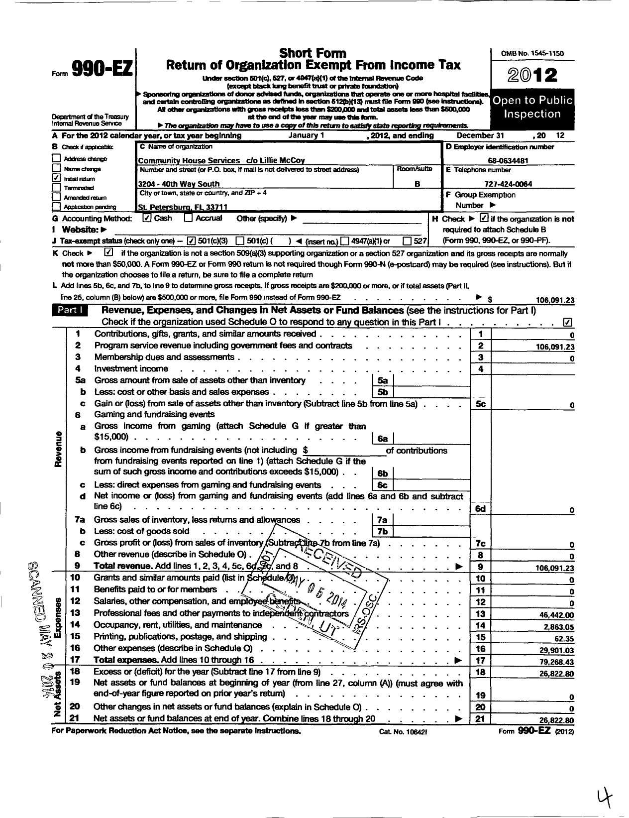 Image of first page of 2012 Form 990EZ for Community House Services