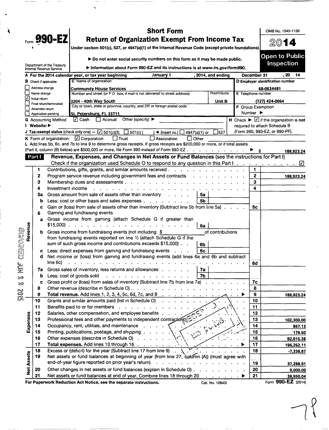 Image of first page of 2014 Form 990EZ for Community House Services