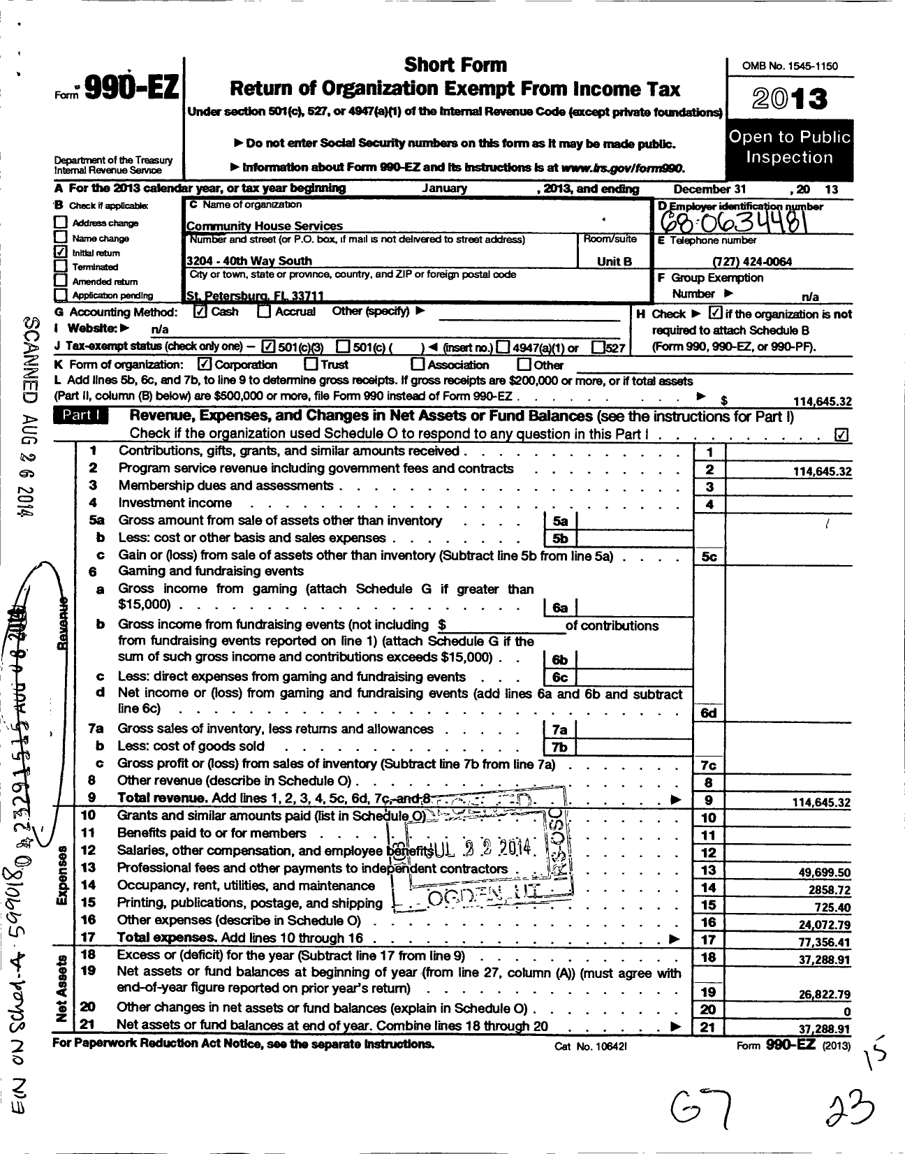 Image of first page of 2013 Form 990EZ for Community House Services