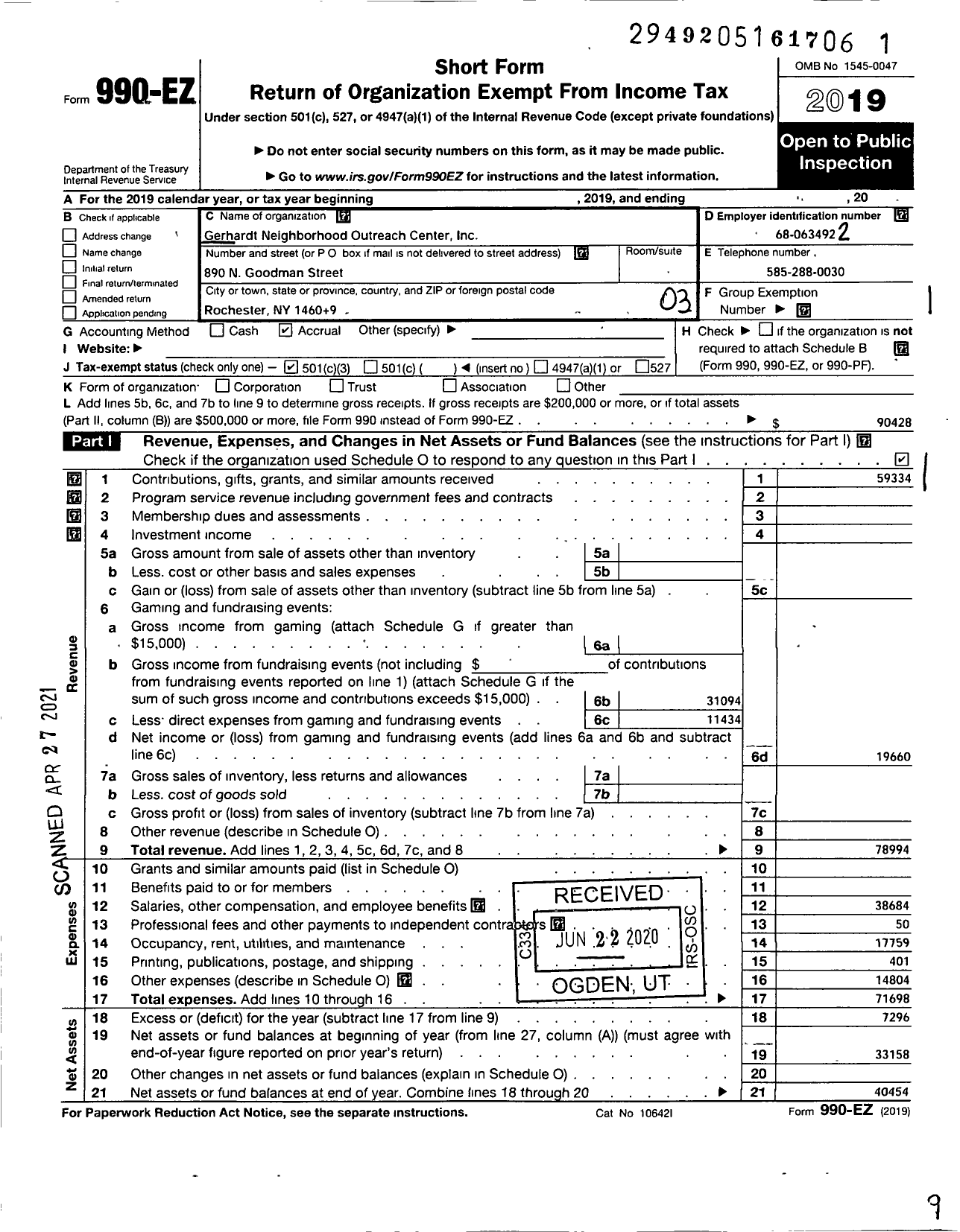 Image of first page of 2019 Form 990EZ for Gerhardt Neighborhood Outreach Center