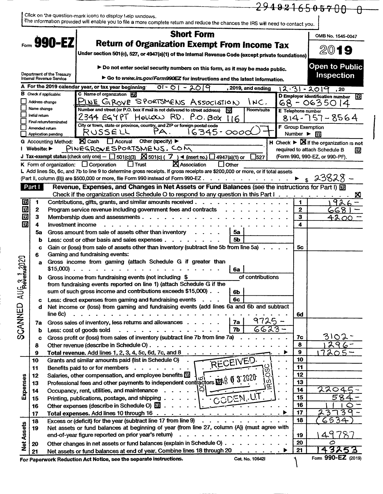 Image of first page of 2019 Form 990EO for Pine Grove Sportsmans Association