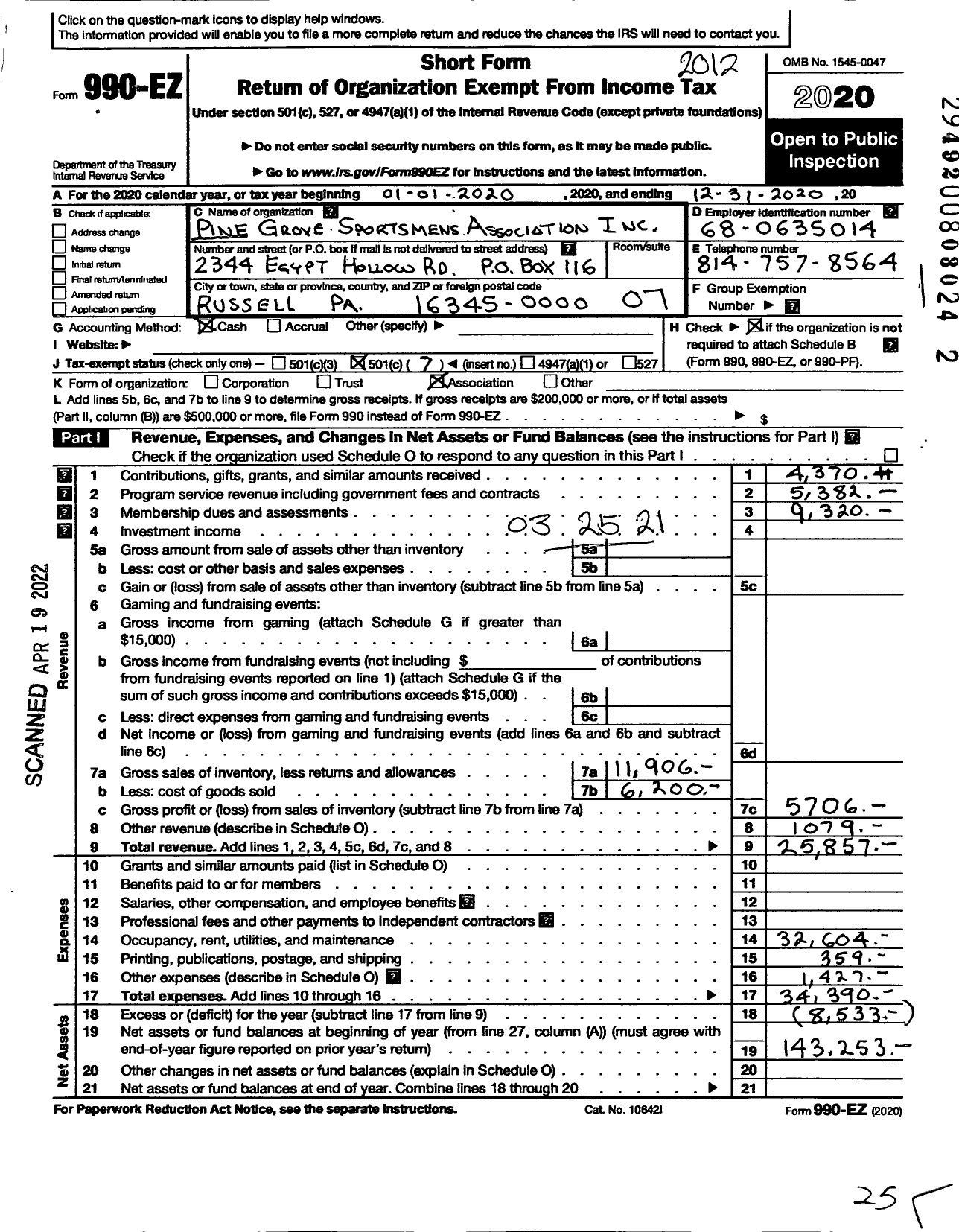 Image of first page of 2020 Form 990EO for Pine Grove Sportsmans Association