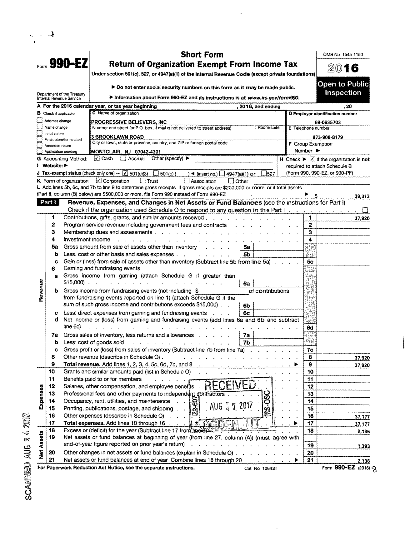 Image of first page of 2016 Form 990EZ for Progressive Believers