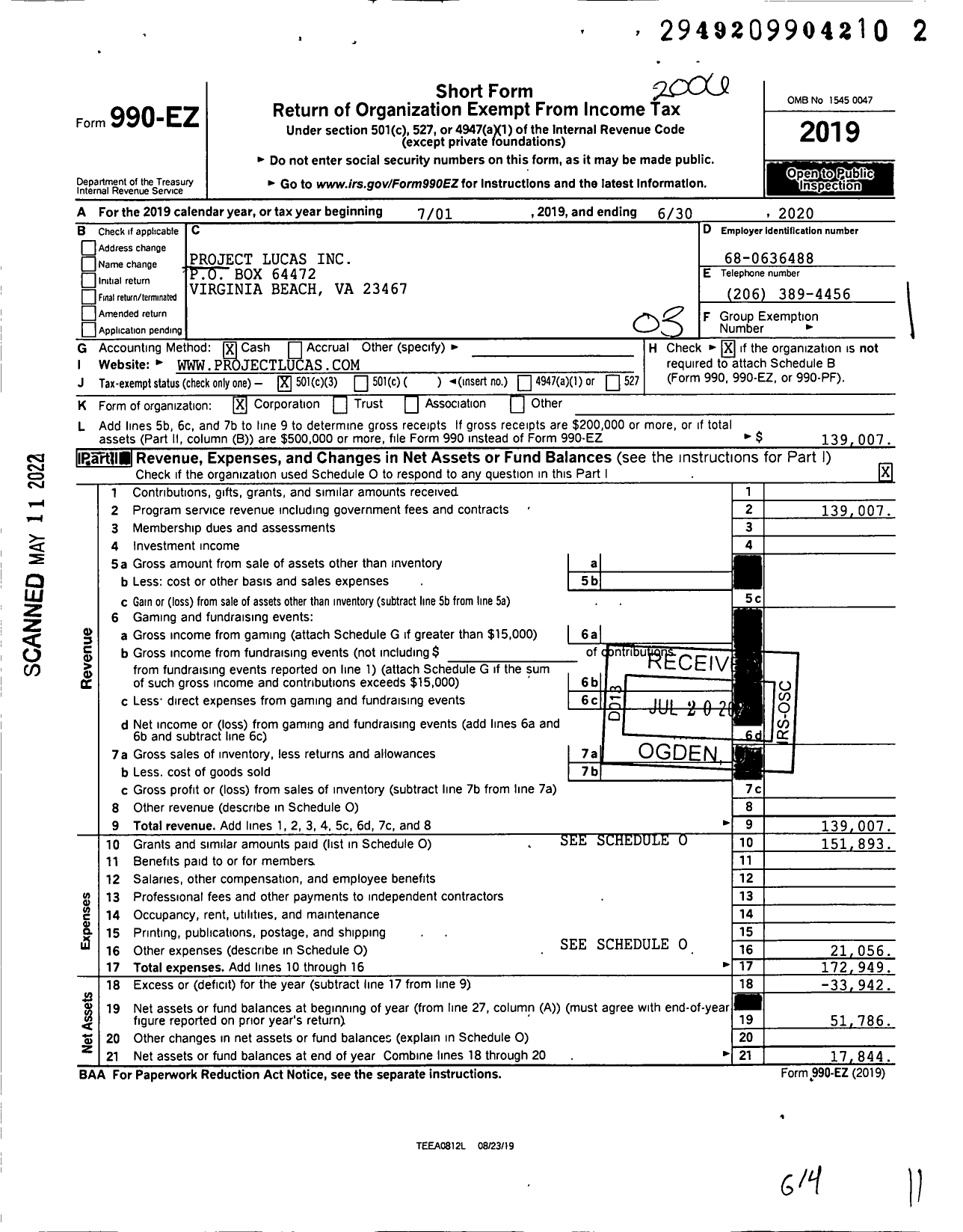 Image of first page of 2019 Form 990EZ for Project Lucas