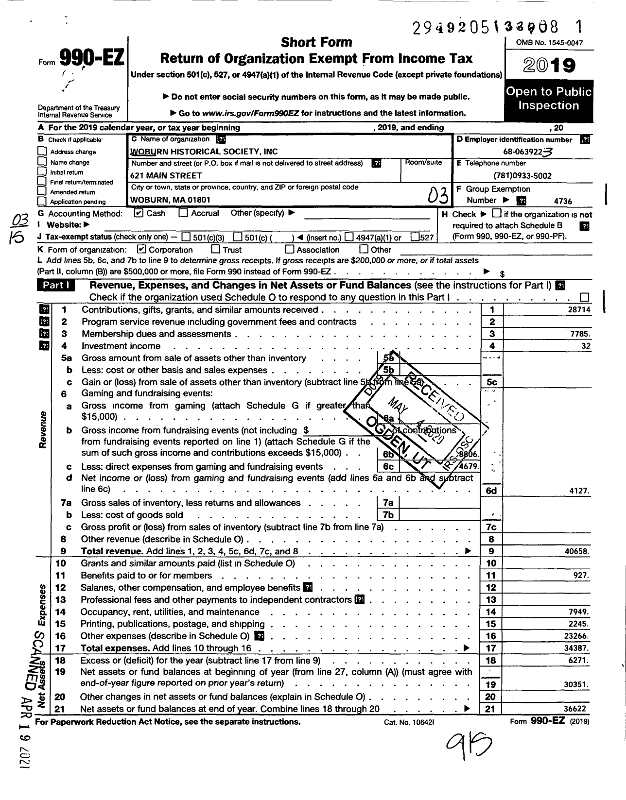 Image of first page of 2019 Form 990EZ for Woburn Historical Society