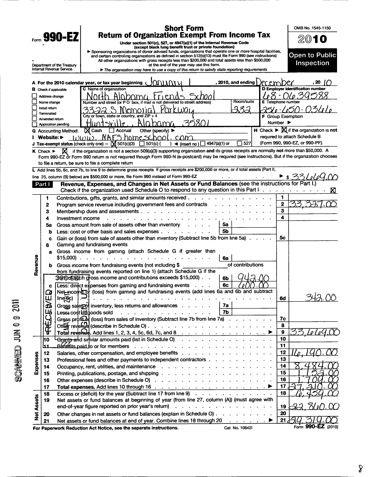 Image of first page of 2010 Form 990EZ for North Alabama Friends School