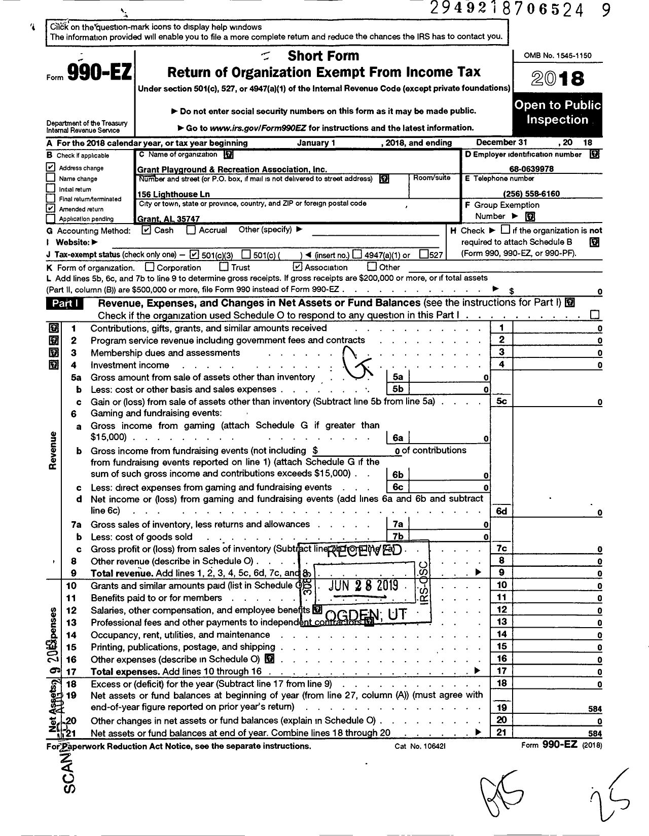 Image of first page of 2018 Form 990EZ for Grant Playground and Recreation Association