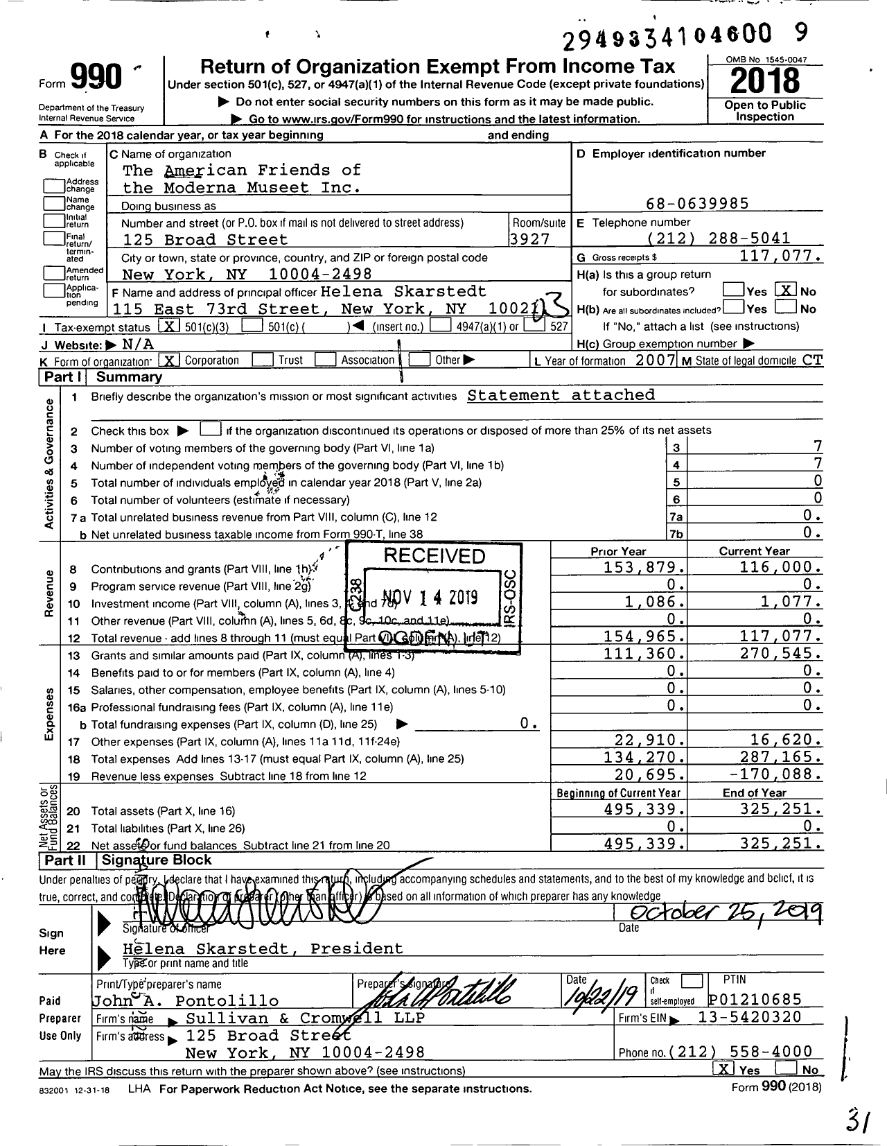 Image of first page of 2018 Form 990 for The American Friends of the Moderna Museet