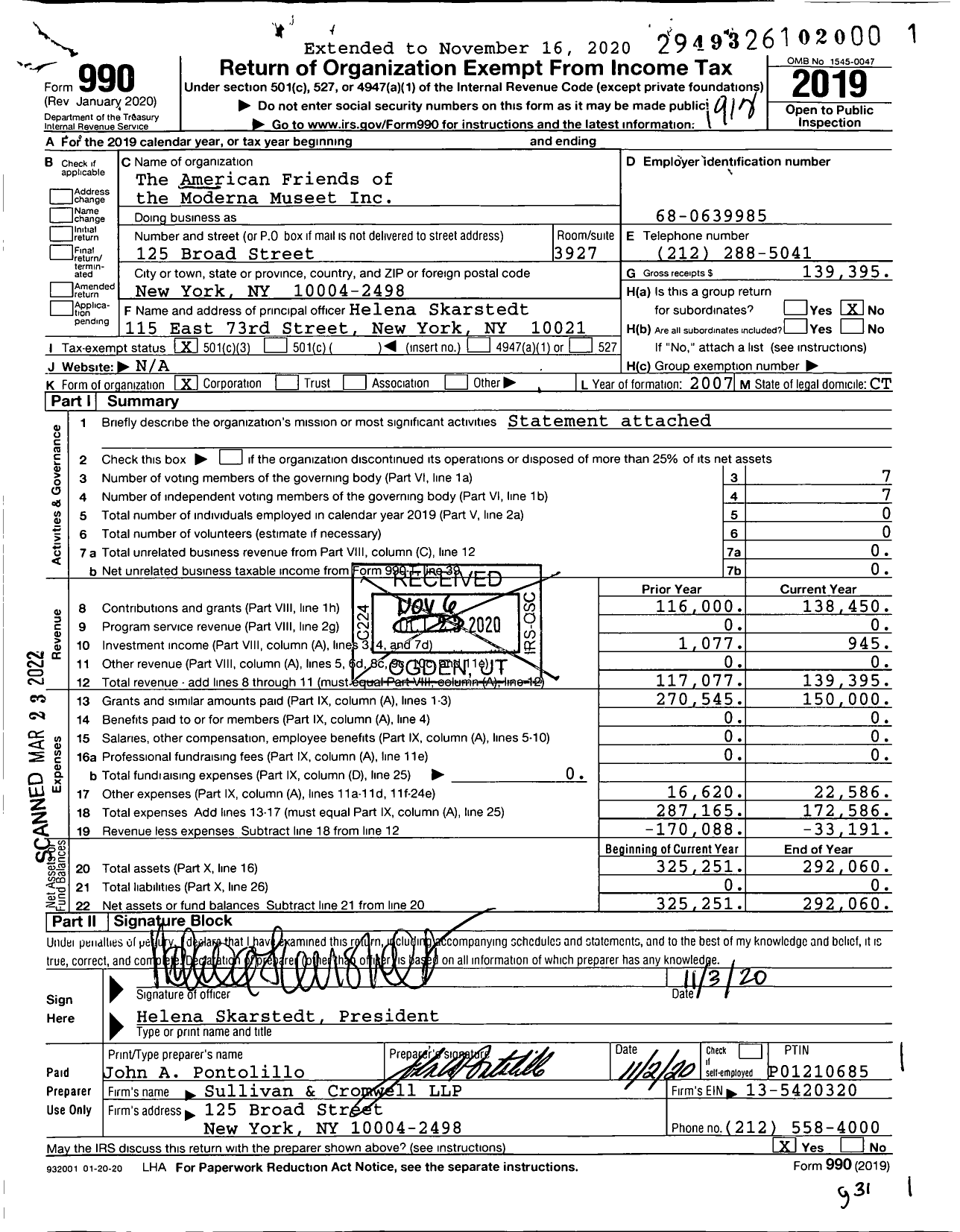 Image of first page of 2019 Form 990 for The American Friends of the Moderna Museet