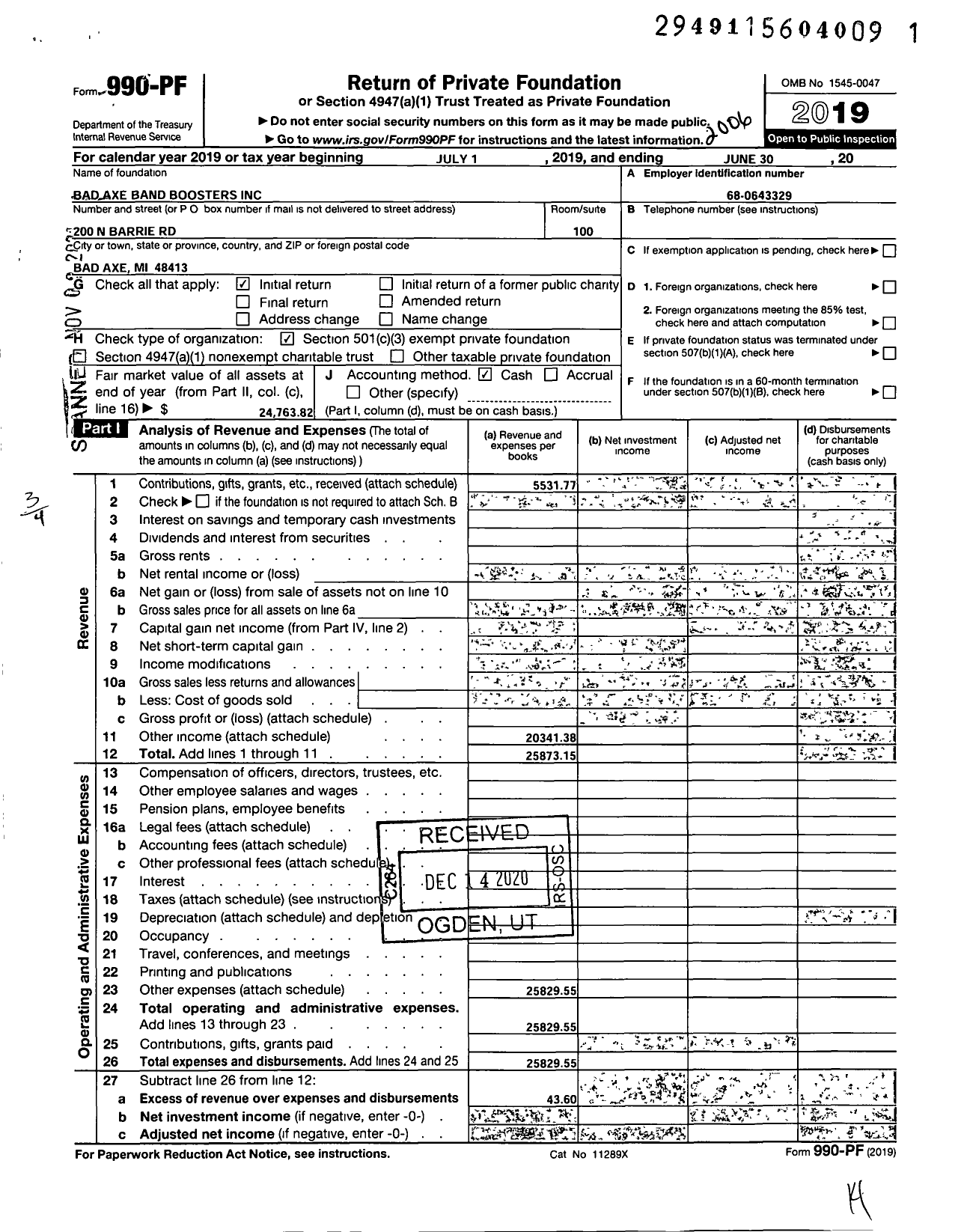 Image of first page of 2019 Form 990PF for Bad Axe Band Boosters