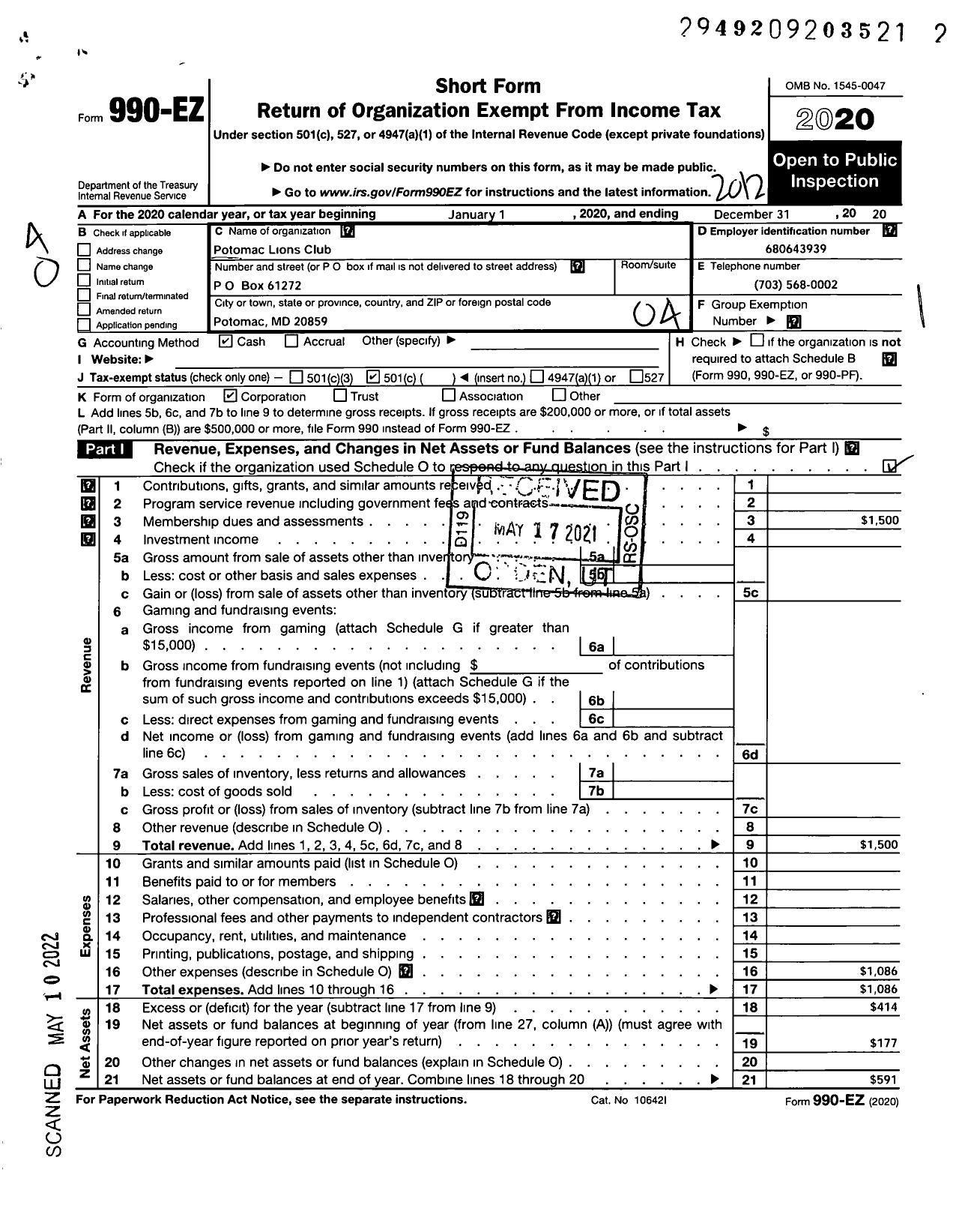 Image of first page of 2020 Form 990EO for Lions Clubs - 98186 Potomac