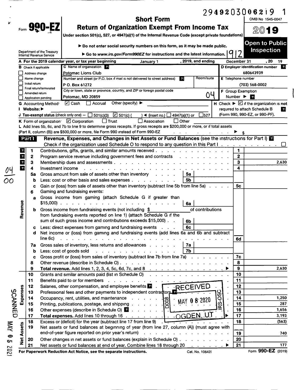 Image of first page of 2019 Form 990EO for Lions Clubs - 98186 Potomac