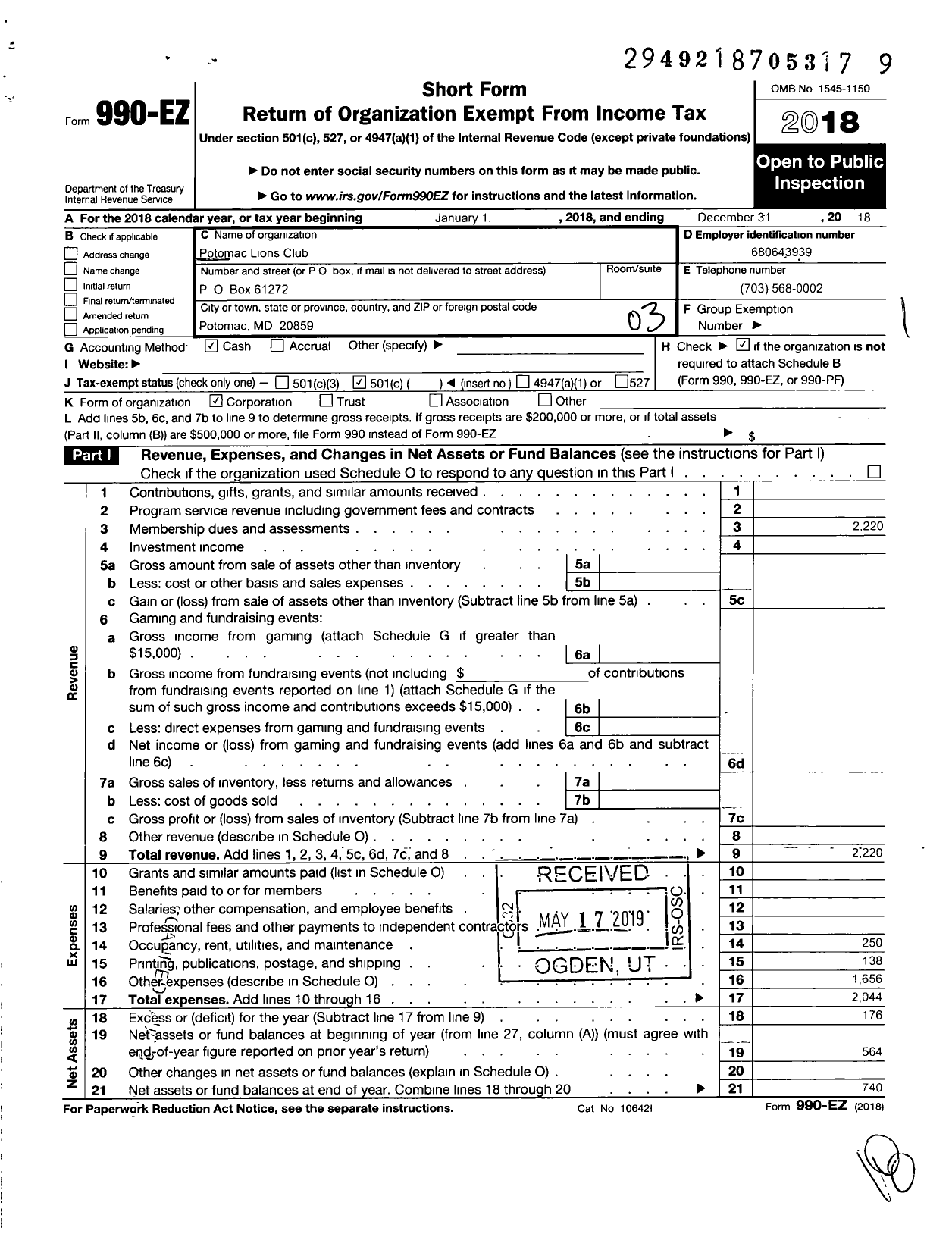 Image of first page of 2018 Form 990EZ for Lions Clubs - 98186 Potomac