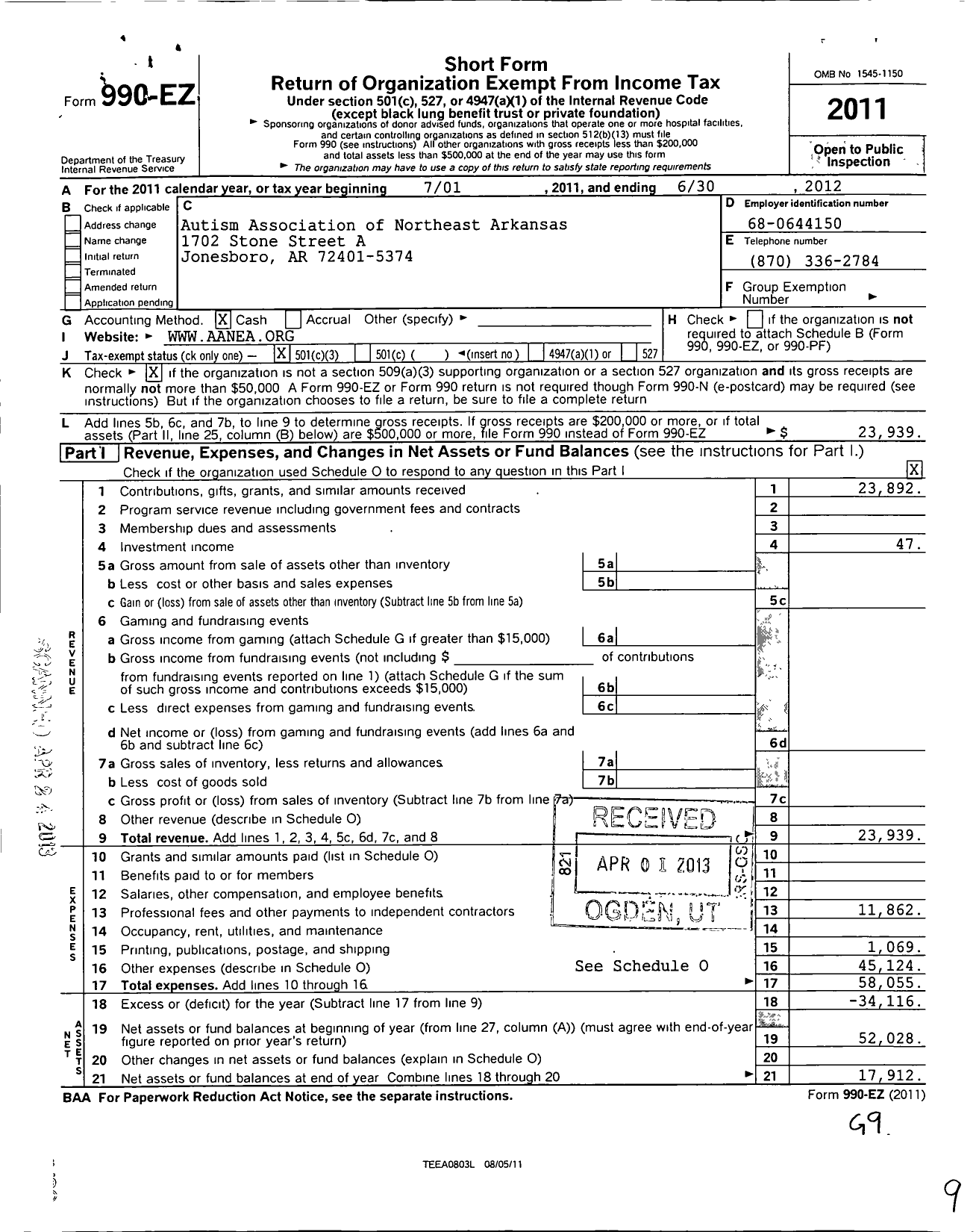 Image of first page of 2011 Form 990EZ for Autism Association of Northeast Ark