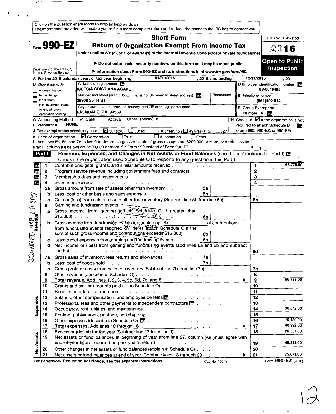 Image of first page of 2016 Form 990EZ for Iglesia Cristiana Agape