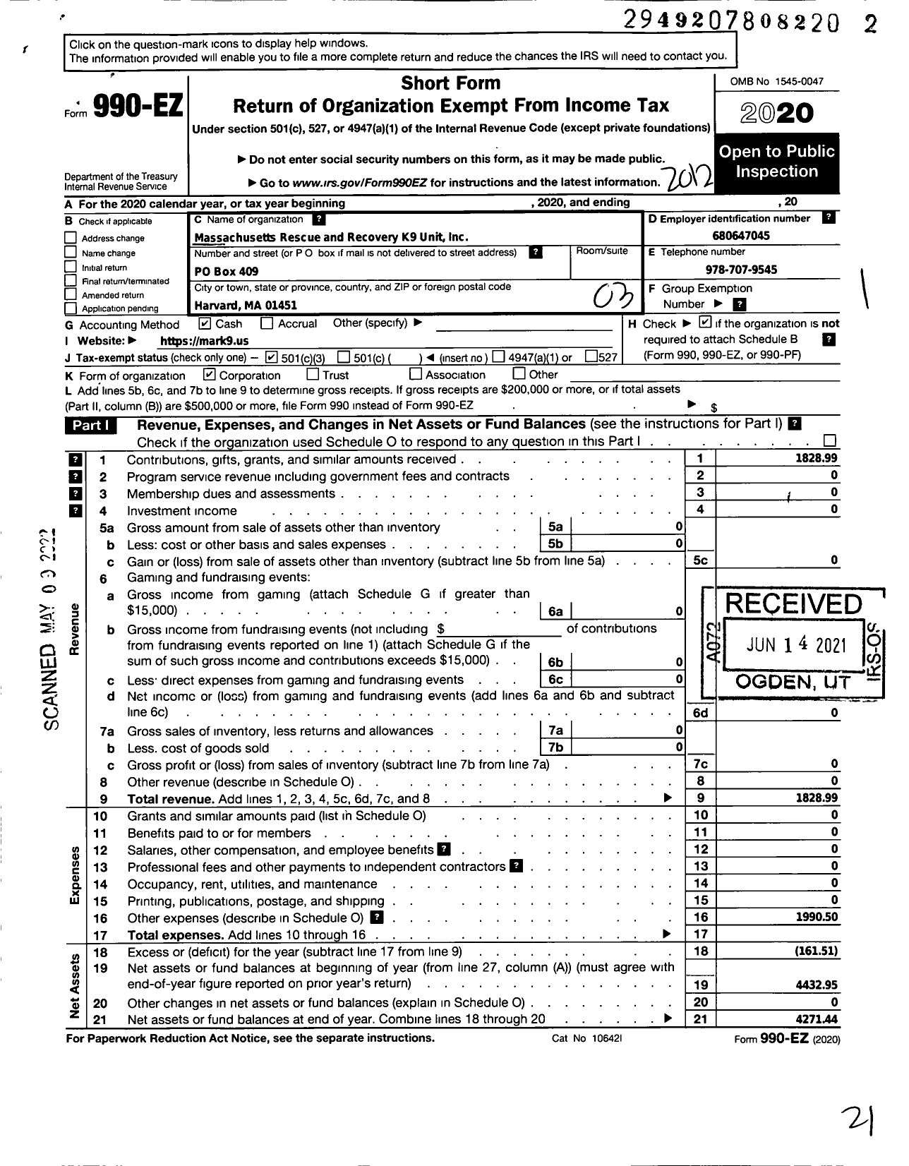 Image of first page of 2020 Form 990EZ for Massachusetts Rescue and Recovery K9 Unit