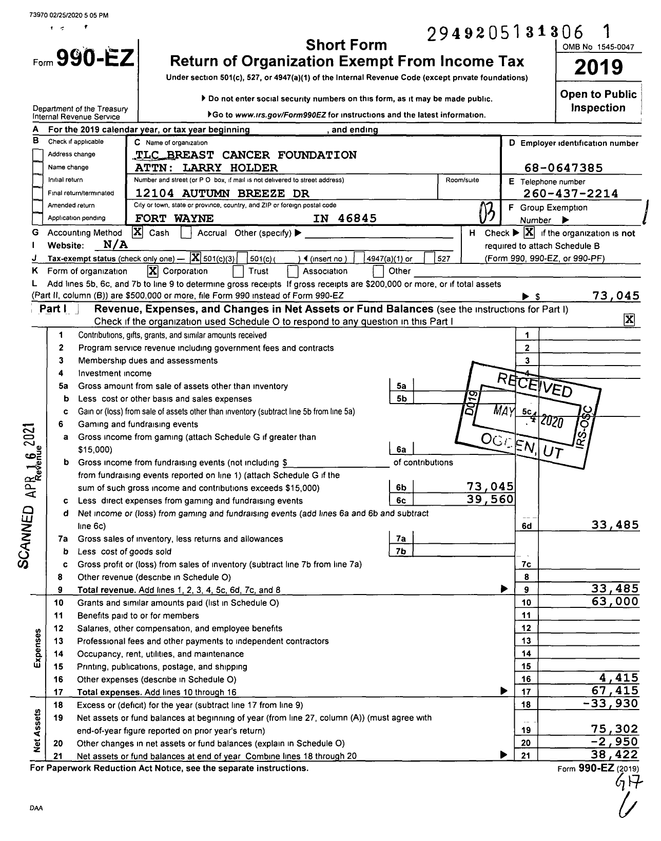 Image of first page of 2019 Form 990EZ for TLC Breast Cancer Foundation Attn Larry Holder