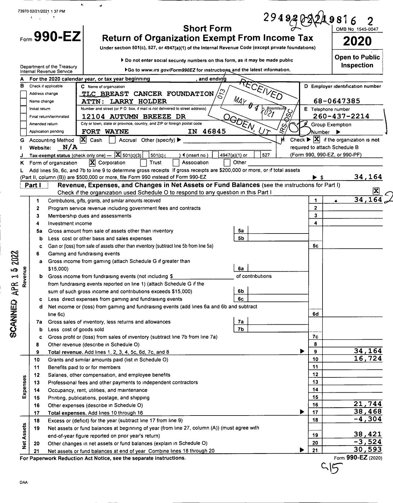 Image of first page of 2020 Form 990EZ for TLC Breast Cancer Foundation Attn Larry Holder