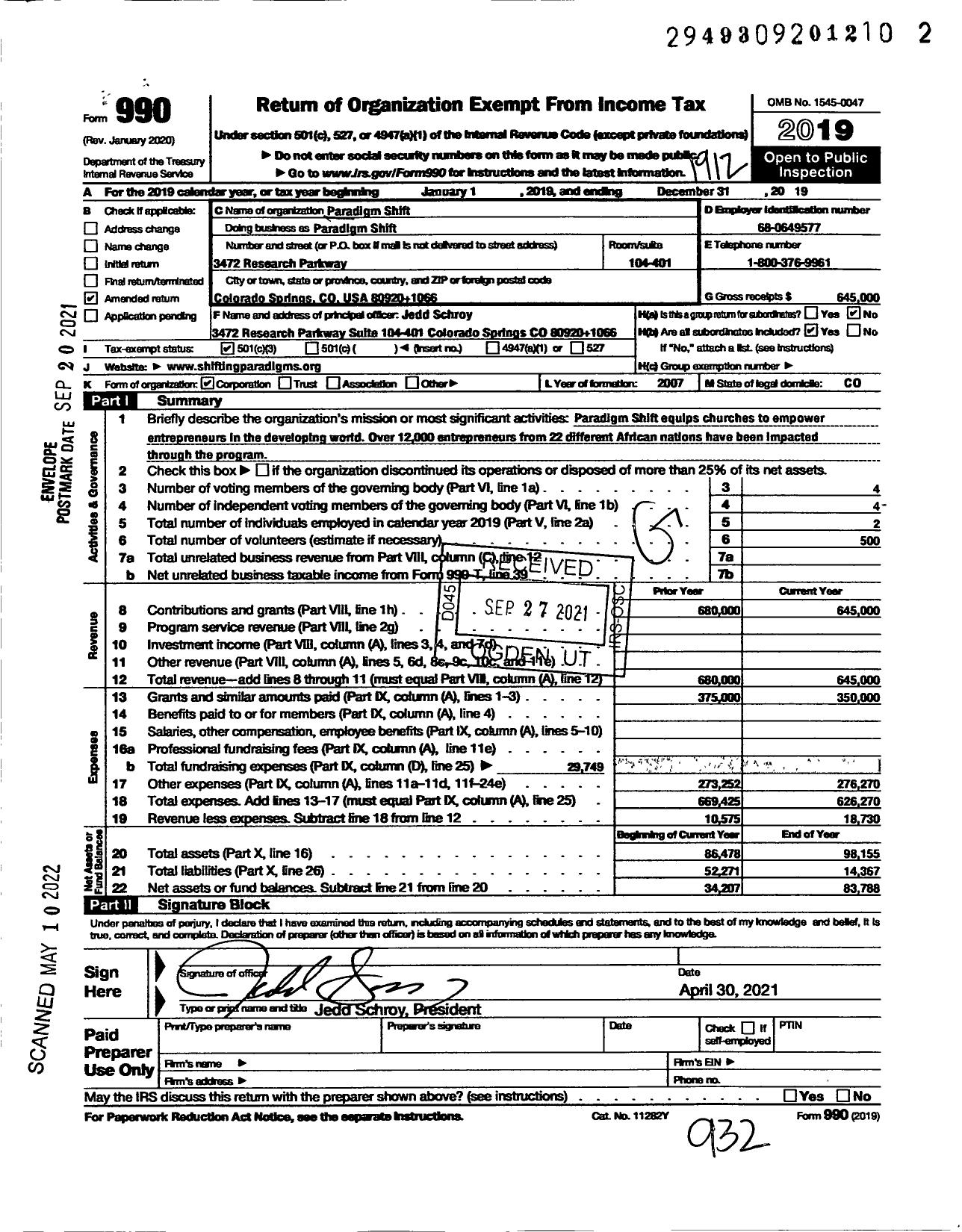 Image of first page of 2019 Form 990 for Paradigm Shift