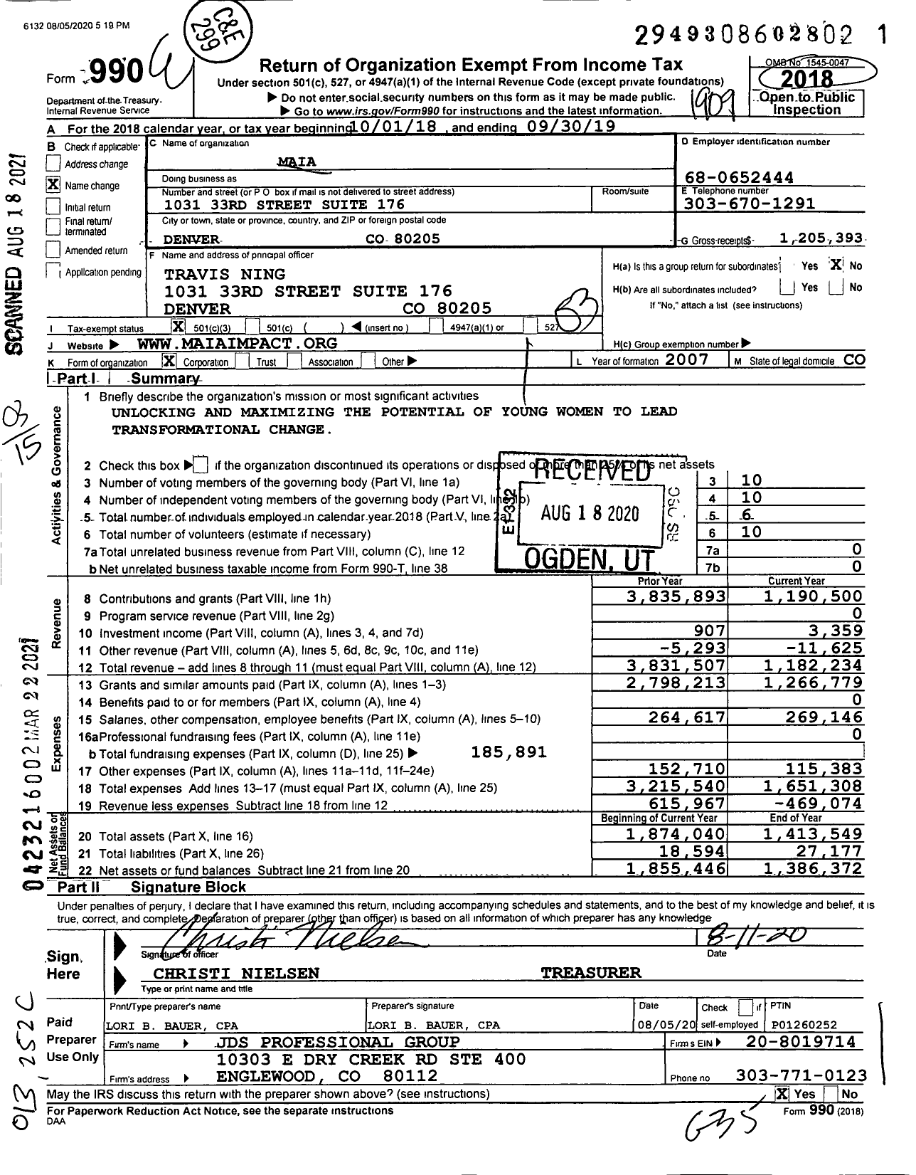 Image of first page of 2018 Form 990 for Maia