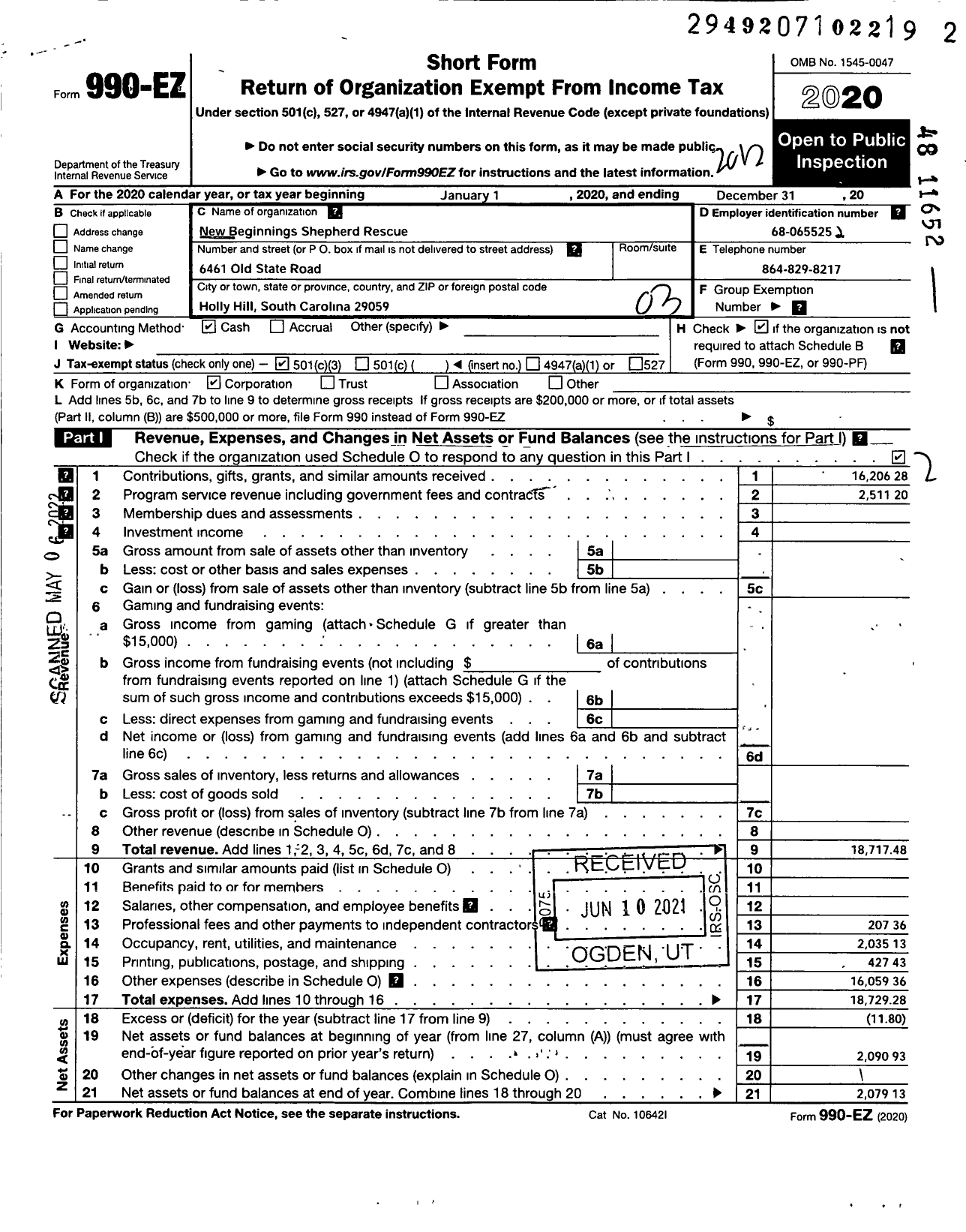 Image of first page of 2020 Form 990EZ for New Beginnings Shepherd Rescue