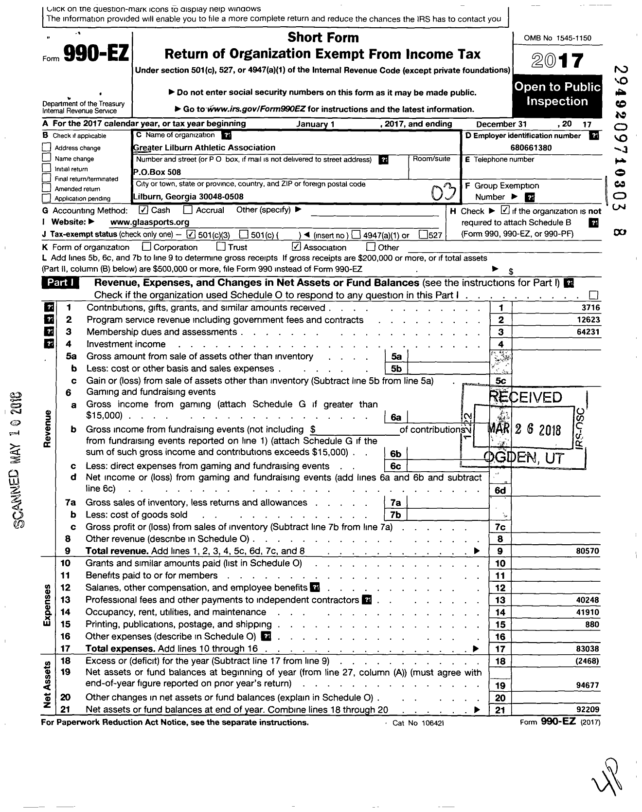 Image of first page of 2017 Form 990EZ for Greater Lilburn Athletic Association