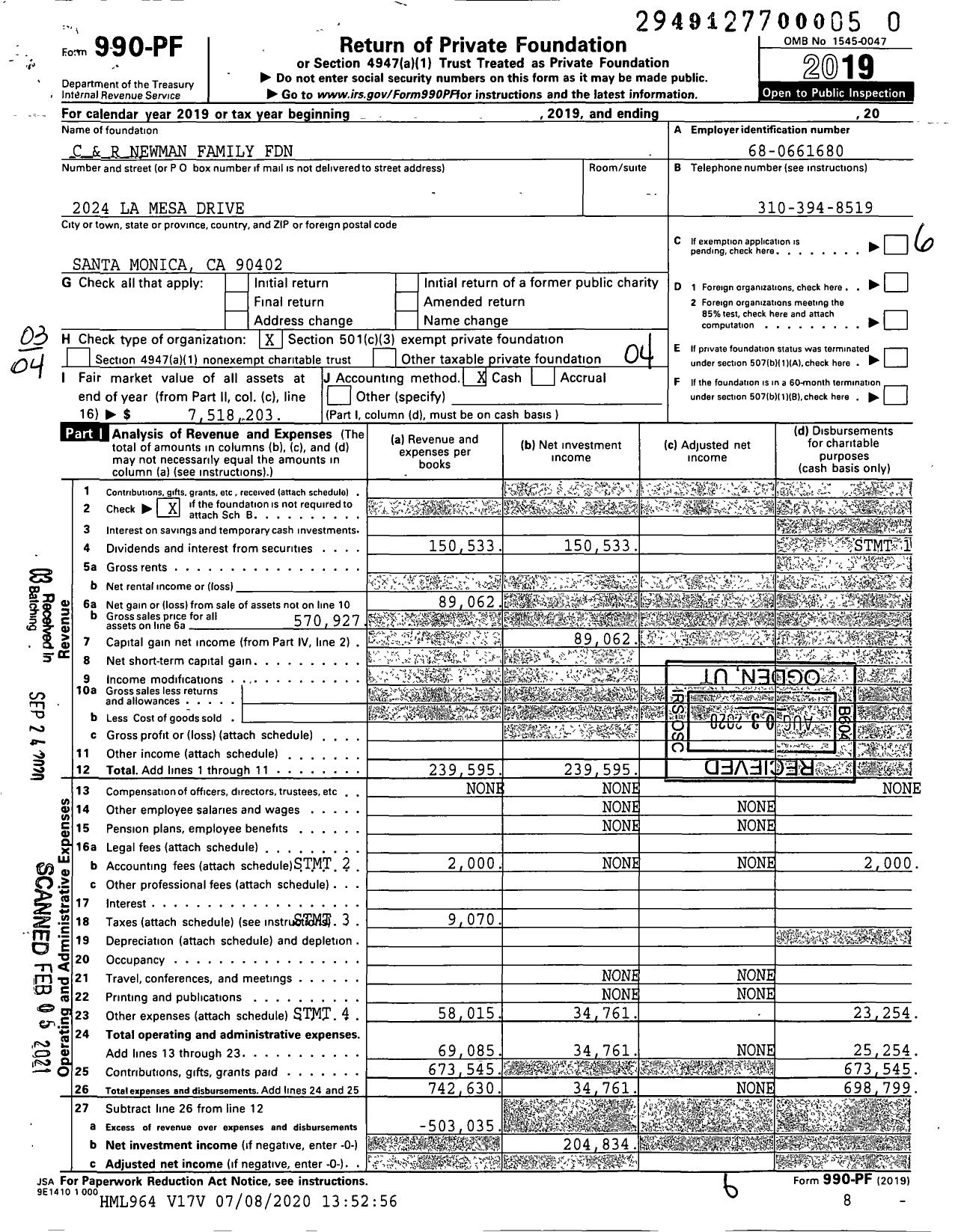 Image of first page of 2019 Form 990PF for C R Newman Family Foundation