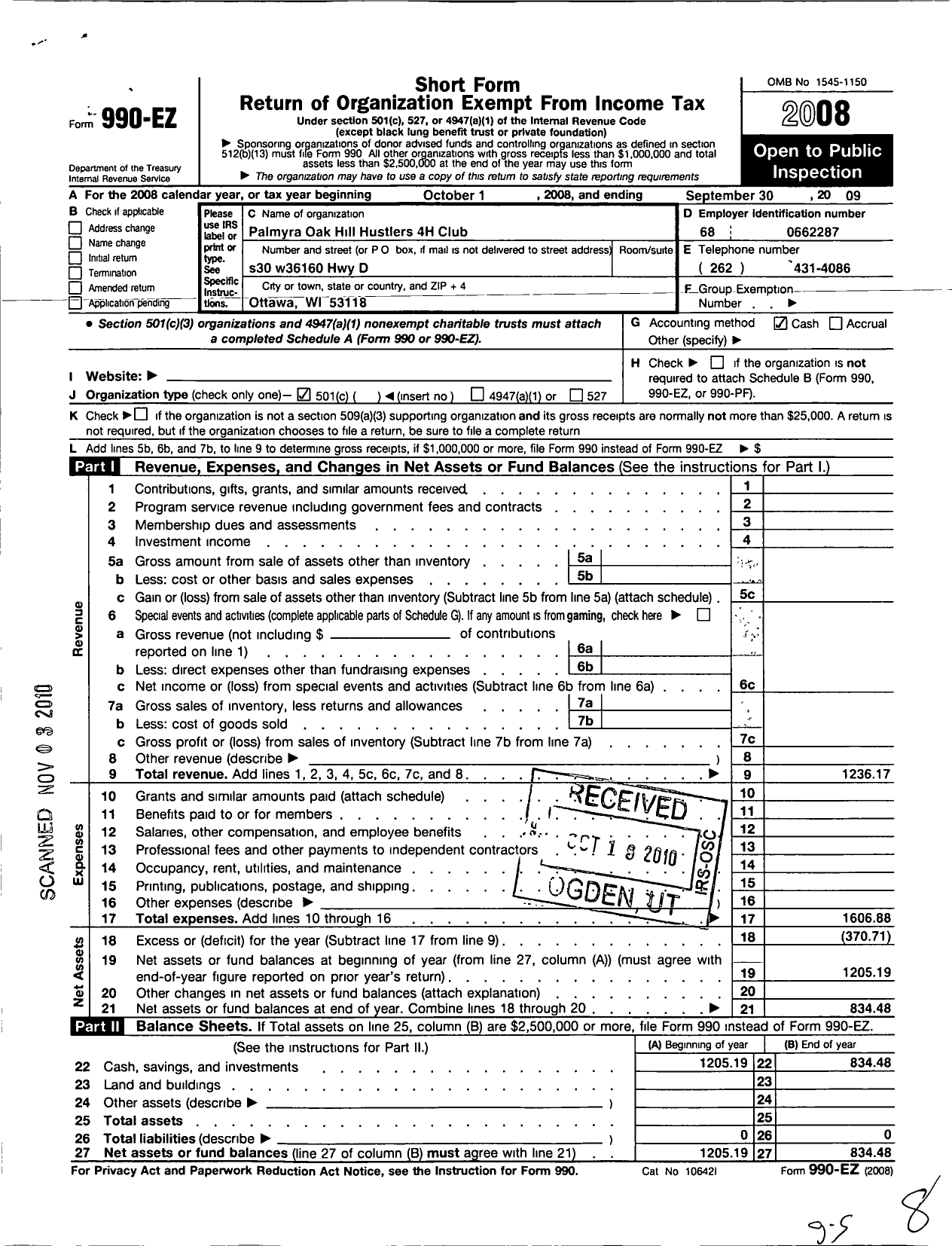 Image of first page of 2008 Form 990EO for Board of Regents of the University of Wisconsin System / Palmyra Oak Hill Hustlers 4-H Club