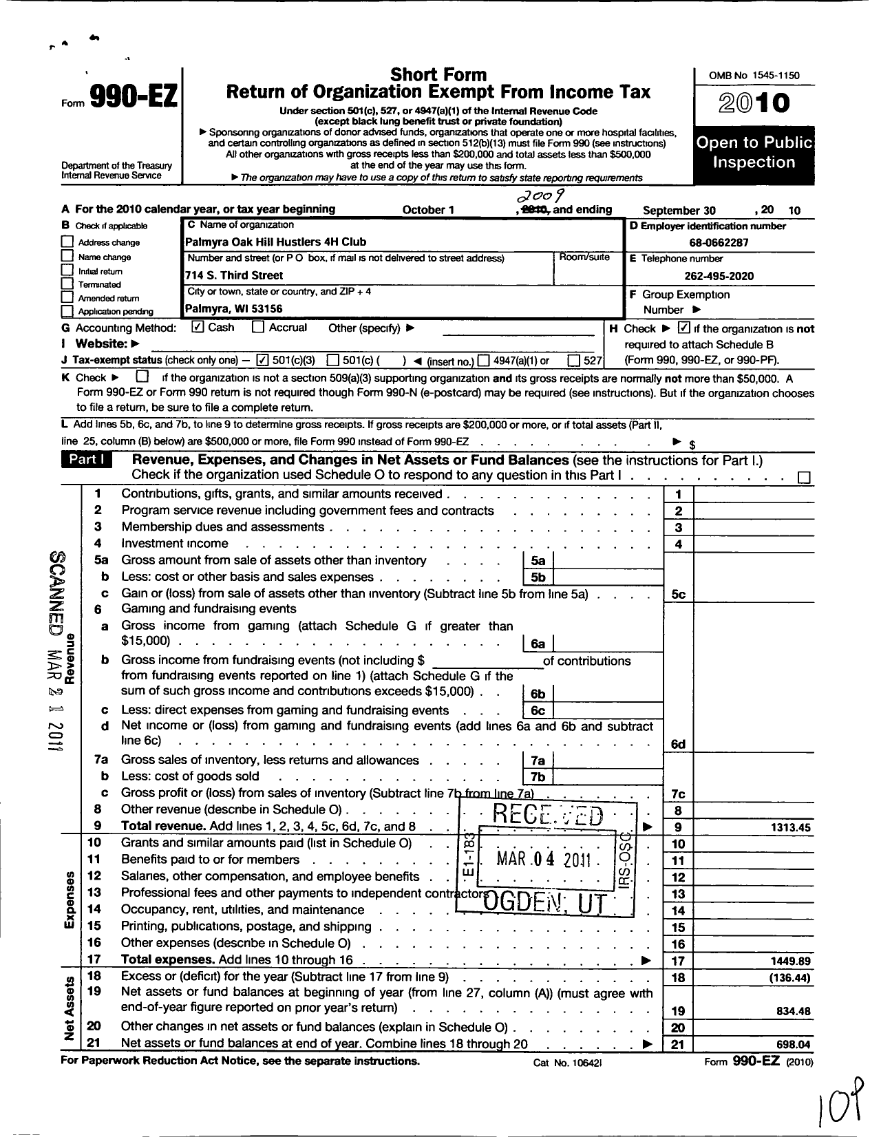 Image of first page of 2009 Form 990EZ for Board of Regents of the University of Wisconsin System / Palmyra Oak Hill Hustlers 4-H Club