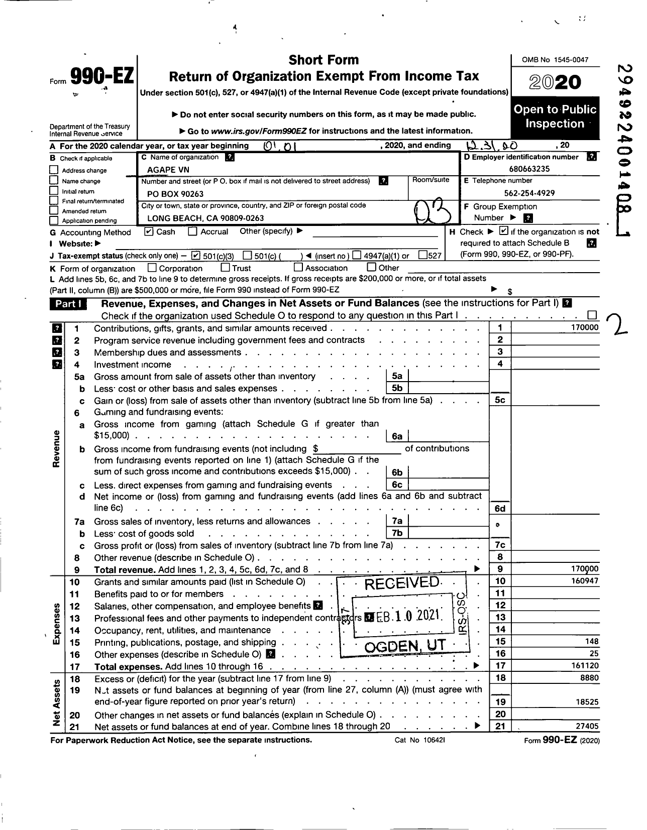 Image of first page of 2020 Form 990EZ for Agape VN