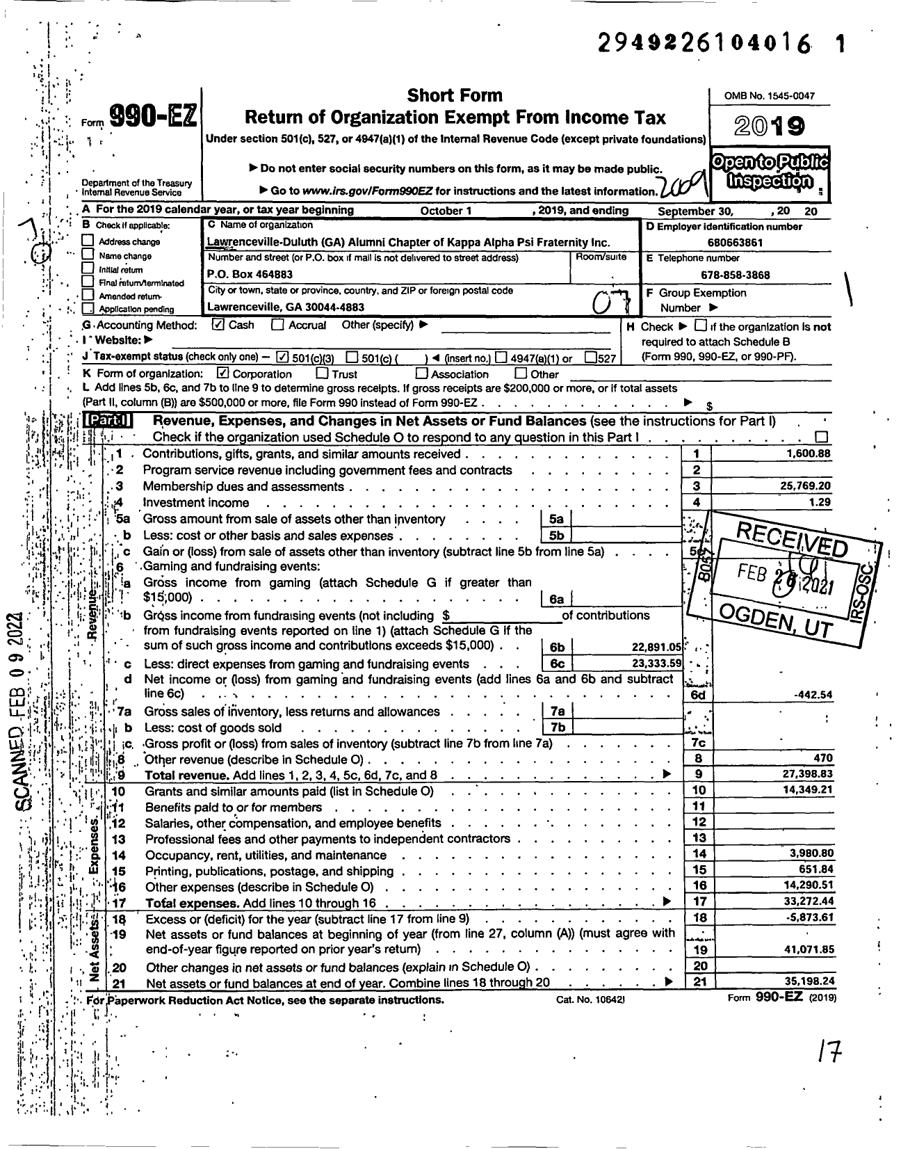 Image of first page of 2019 Form 990EO for LAWRENCEville-DULUTH ALUMNI CHAPTER of KAPPA ALPHA PSI