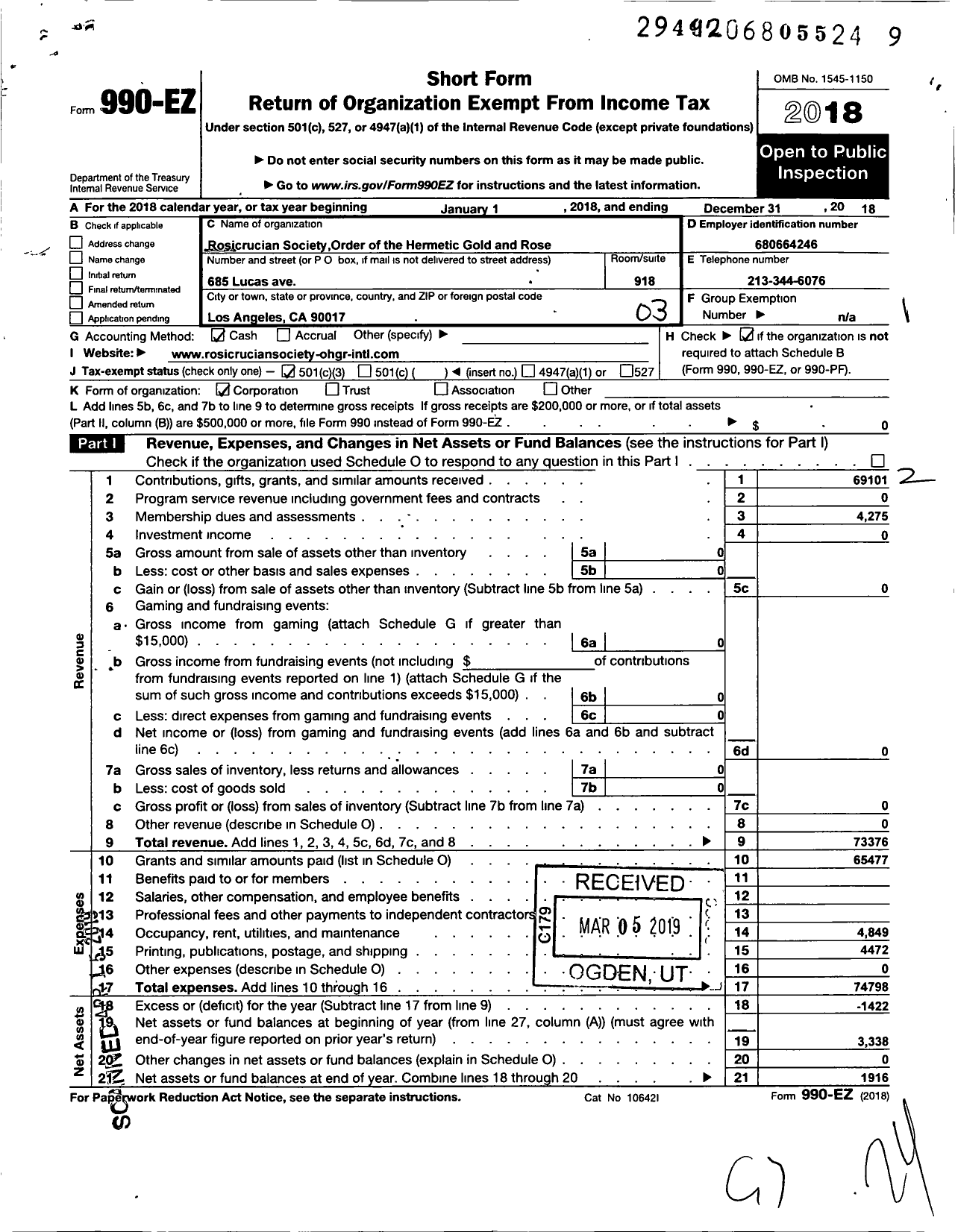 Image of first page of 2018 Form 990EZ for Rosicrucian Society Order of the Hermetic Gold and Rose