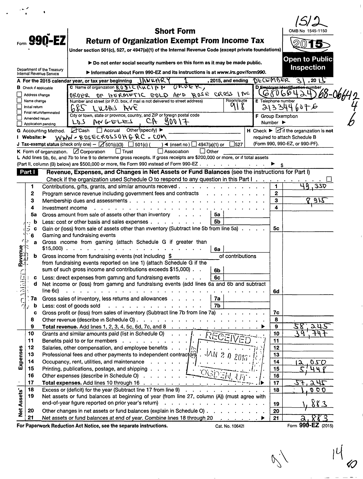 Image of first page of 2015 Form 990EZ for Rosicrucian Society Order of the Hermetic Gold and Rose