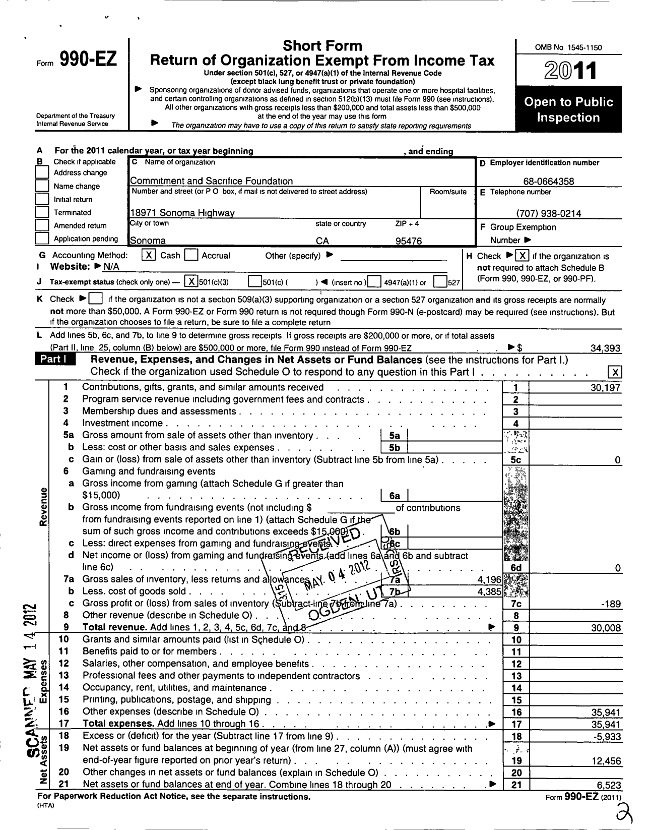 Image of first page of 2011 Form 990EZ for Commitment and Sacrifice Foundation