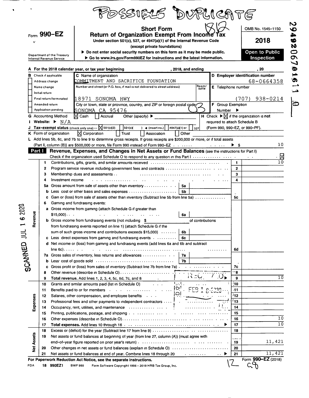 Image of first page of 2018 Form 990EZ for Commitment and Sacrifice Foundation