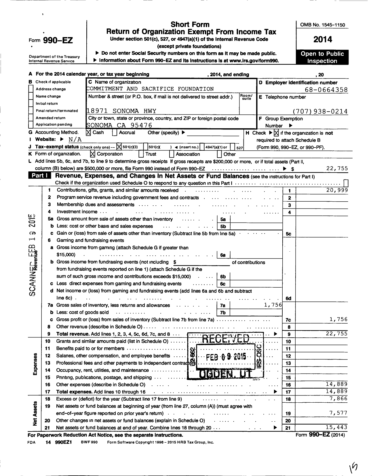 Image of first page of 2014 Form 990EZ for Commitment and Sacrifice Foundation