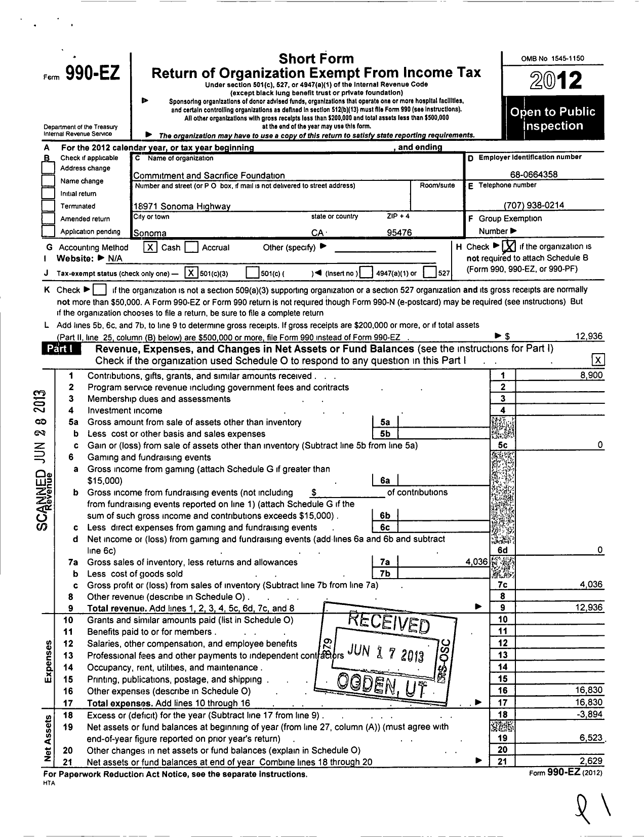 Image of first page of 2012 Form 990EZ for Commitment and Sacrifice Foundation