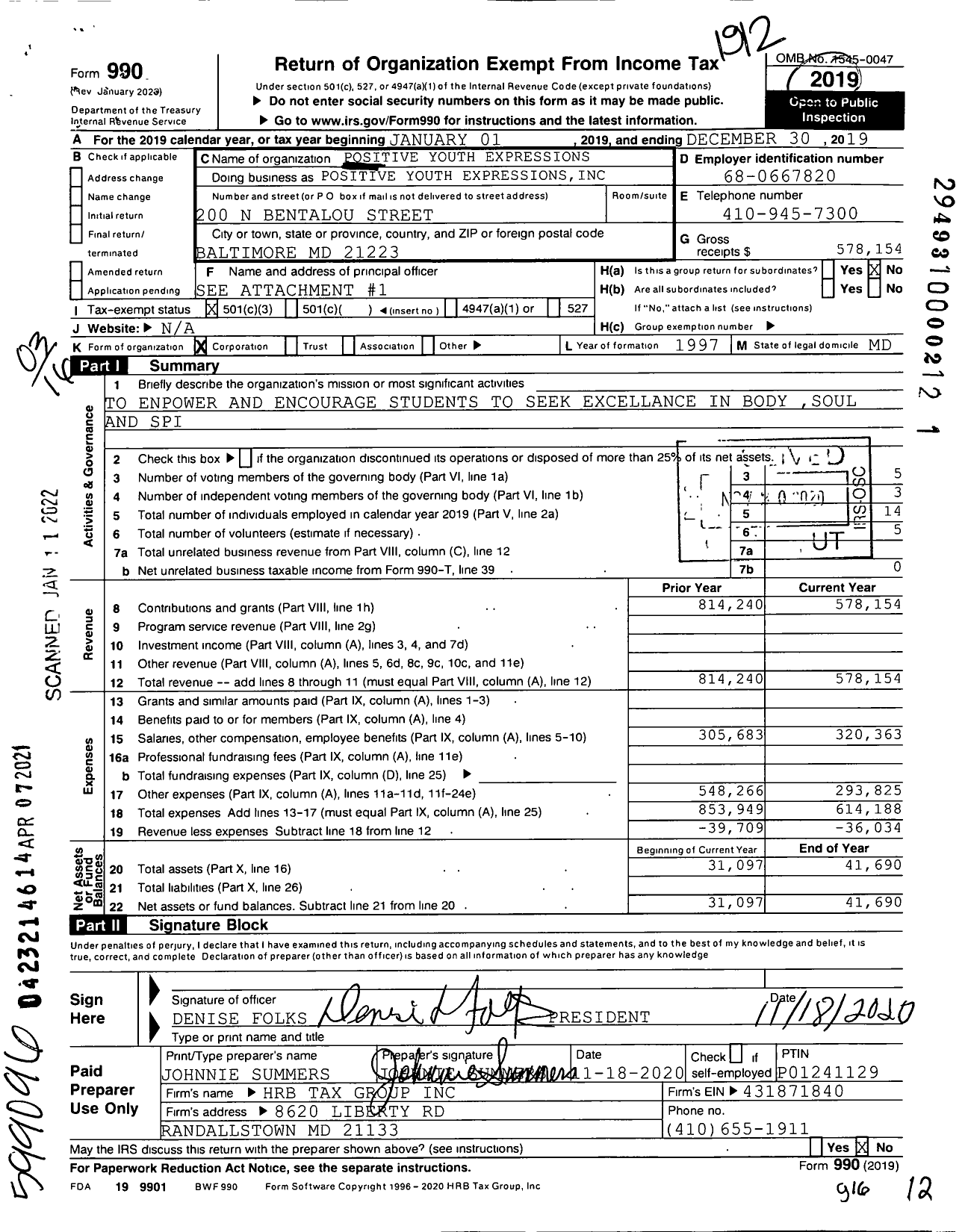 Image of first page of 2019 Form 990 for Positive Youth Expressions