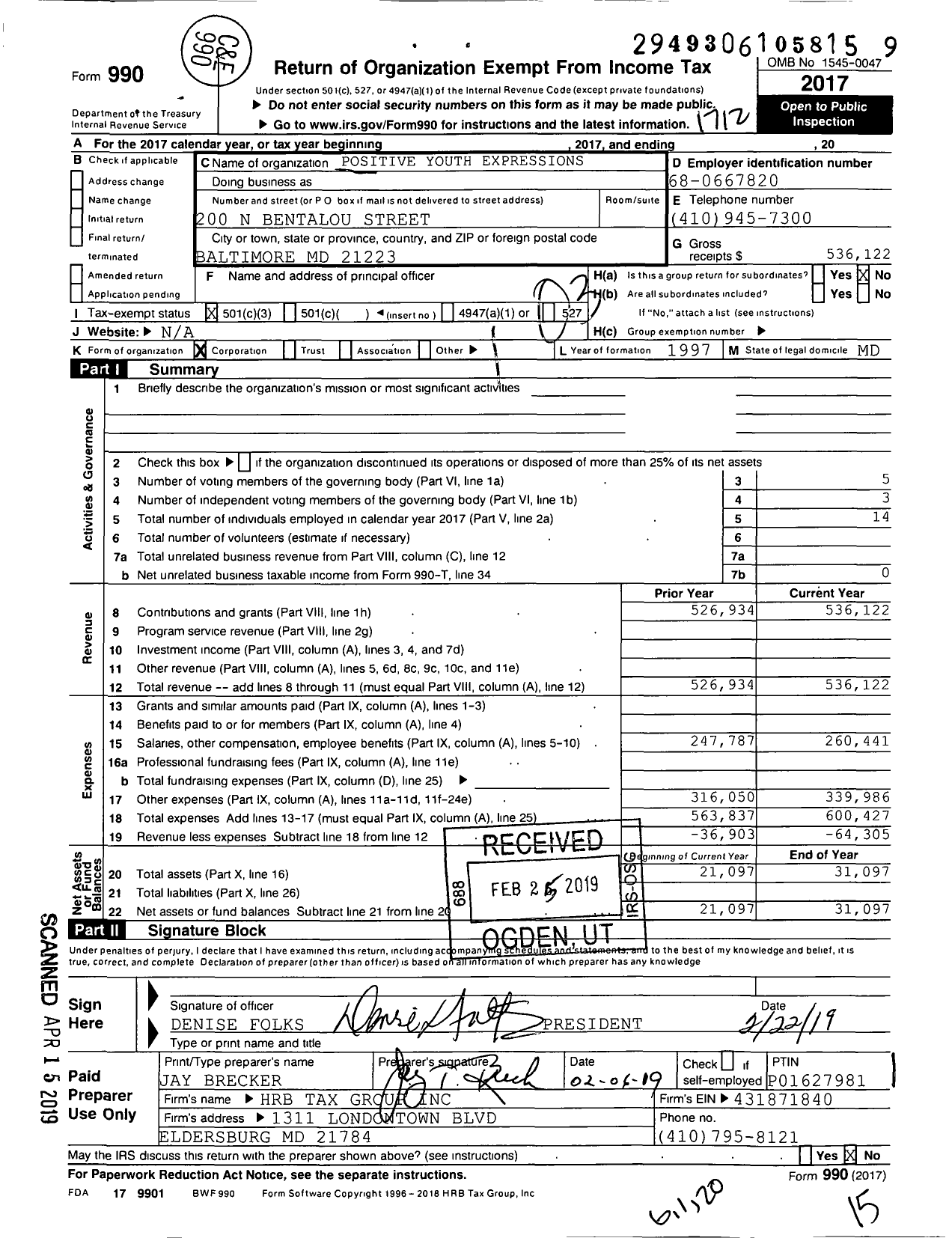 Image of first page of 2017 Form 990 for Positive Youth Expressions