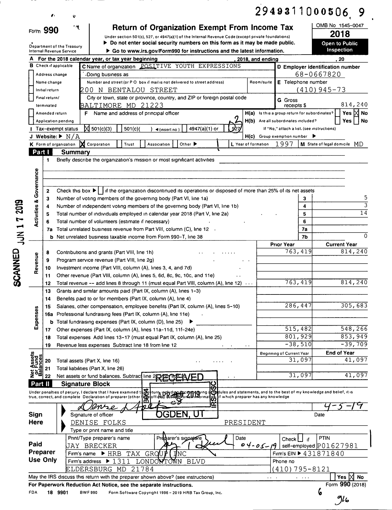 Image of first page of 2018 Form 990 for Positive Youth Expressions