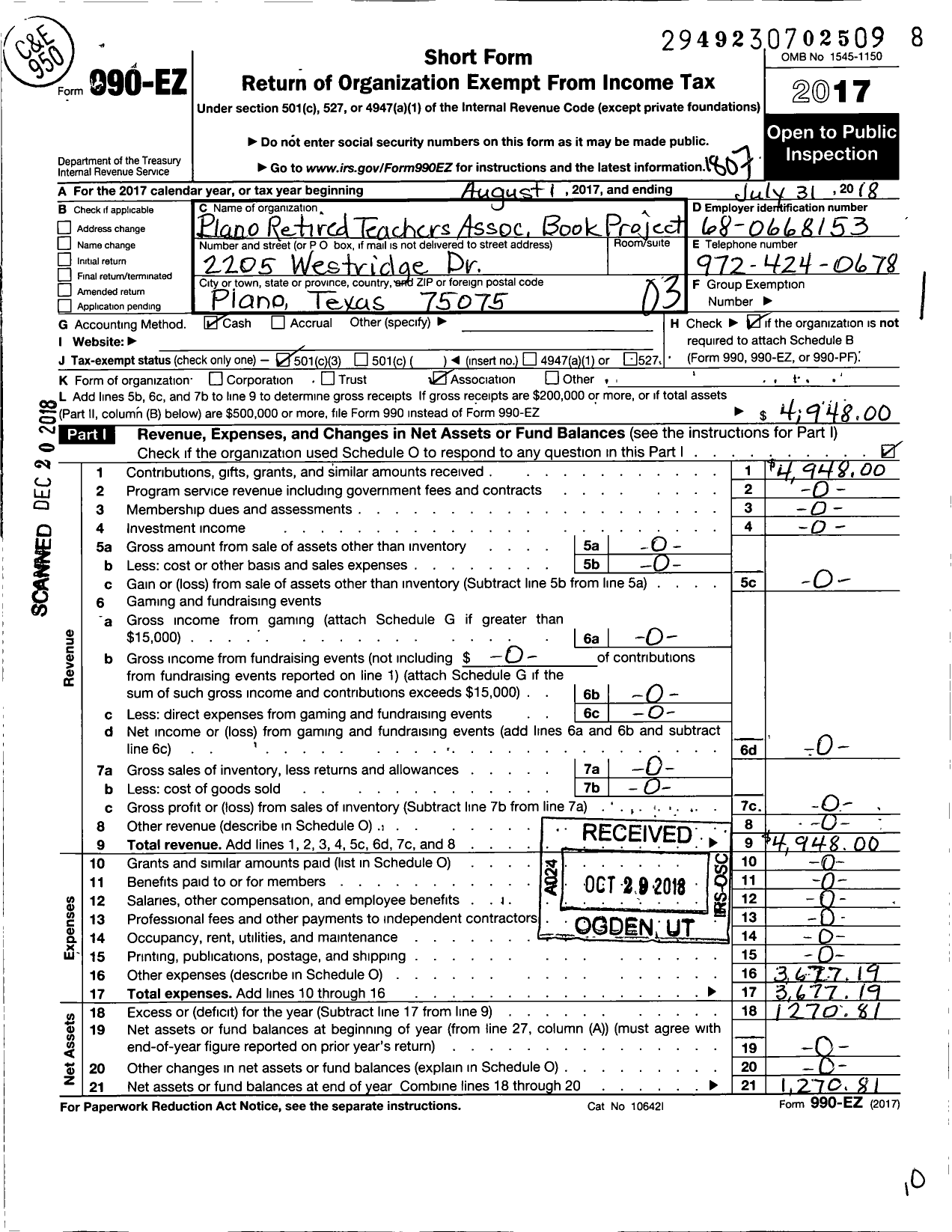 Image of first page of 2017 Form 990EZ for Plano Retired Teachers Association