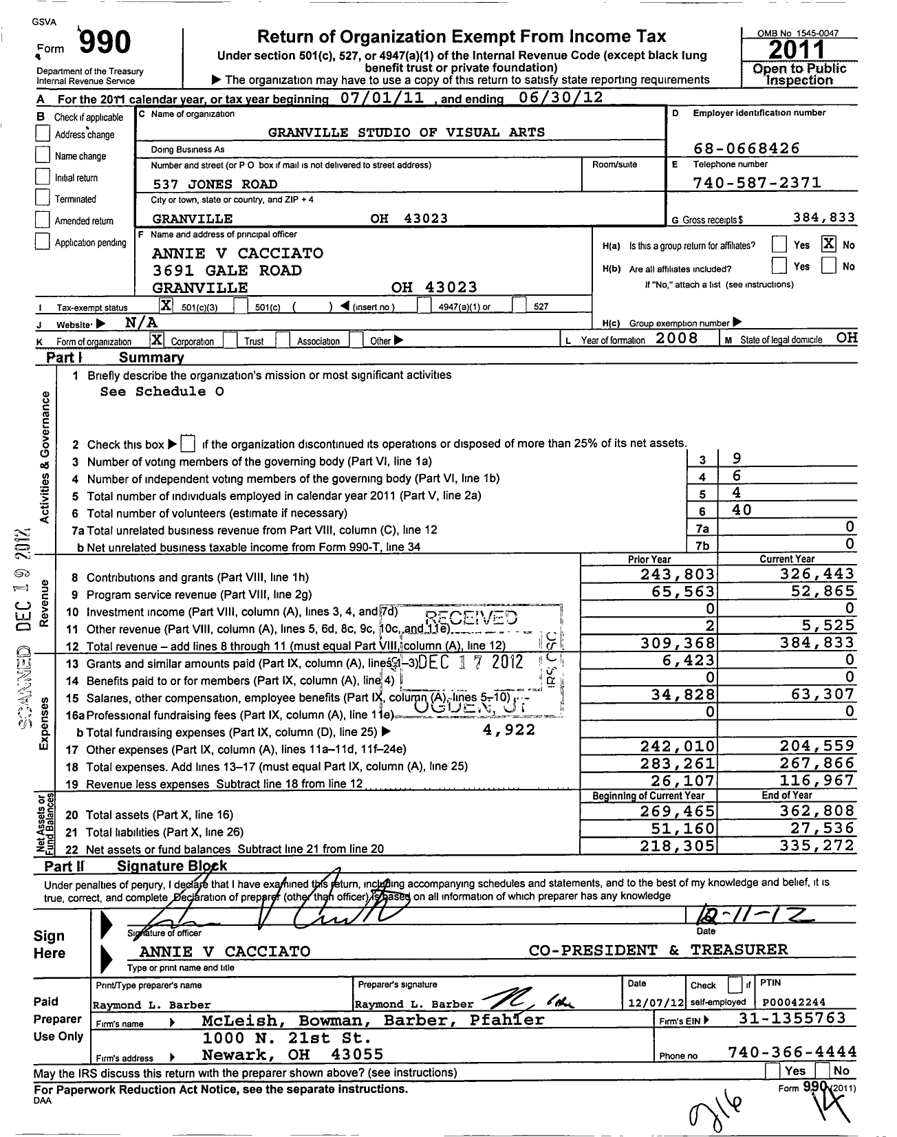 Image of first page of 2011 Form 990 for Granville Studio of Visual Arts